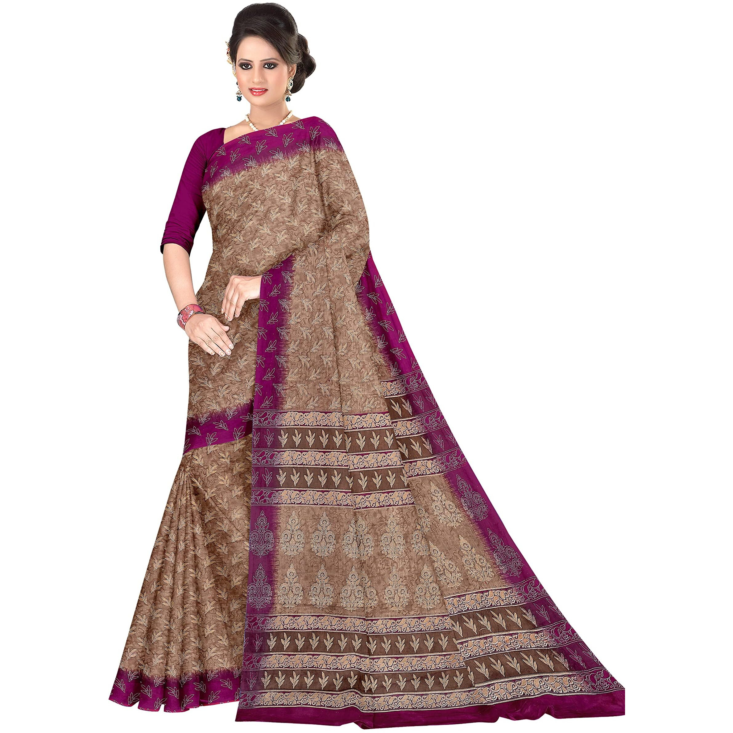 TAMAIRA FASHION Womens Plain Weave Pure Cotton Saree Without Blouse Piece(AB35_Brown and magenta)