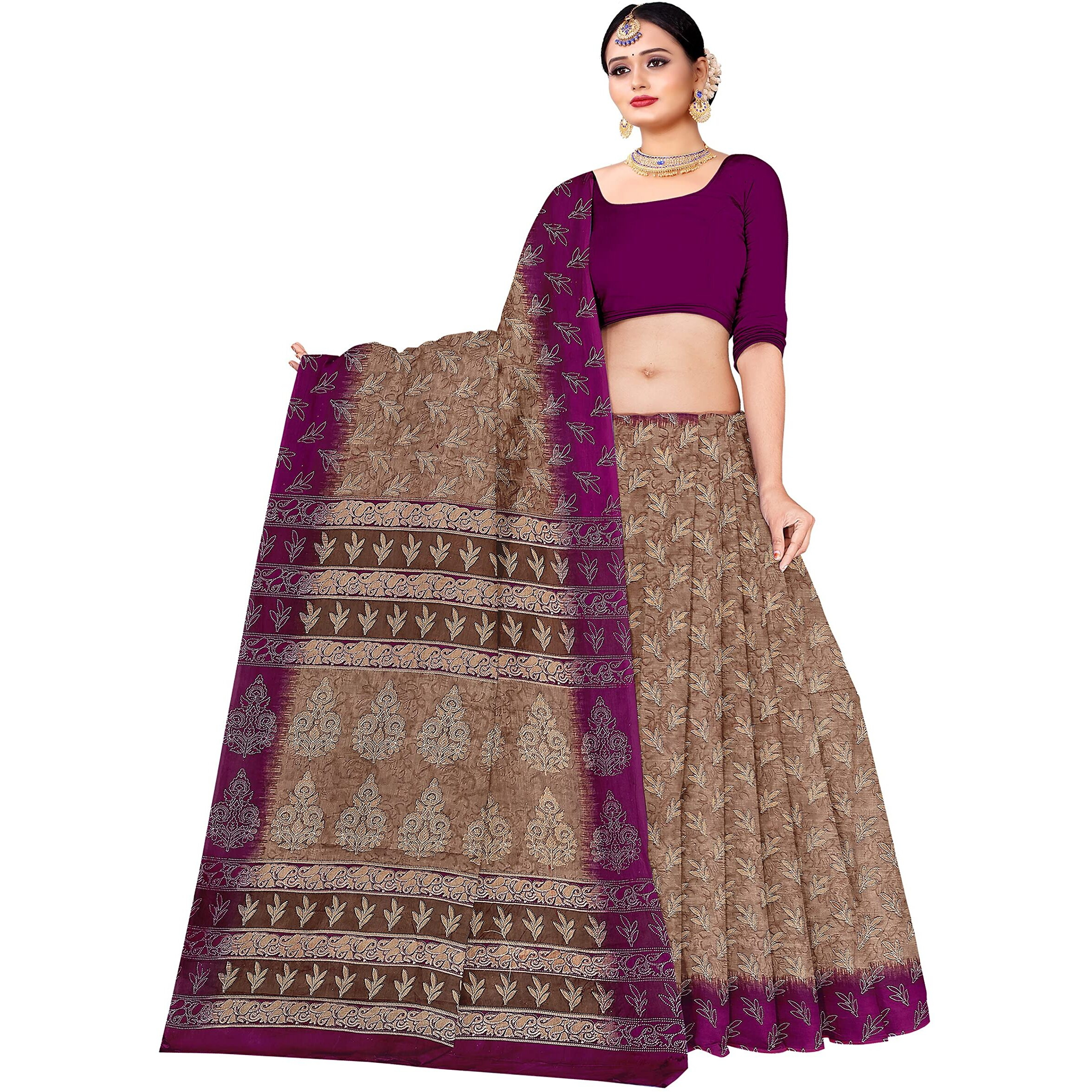 TAMAIRA FASHION Womens Plain Weave Pure Cotton Saree Without Blouse Piece(AB35_Brown and magenta)