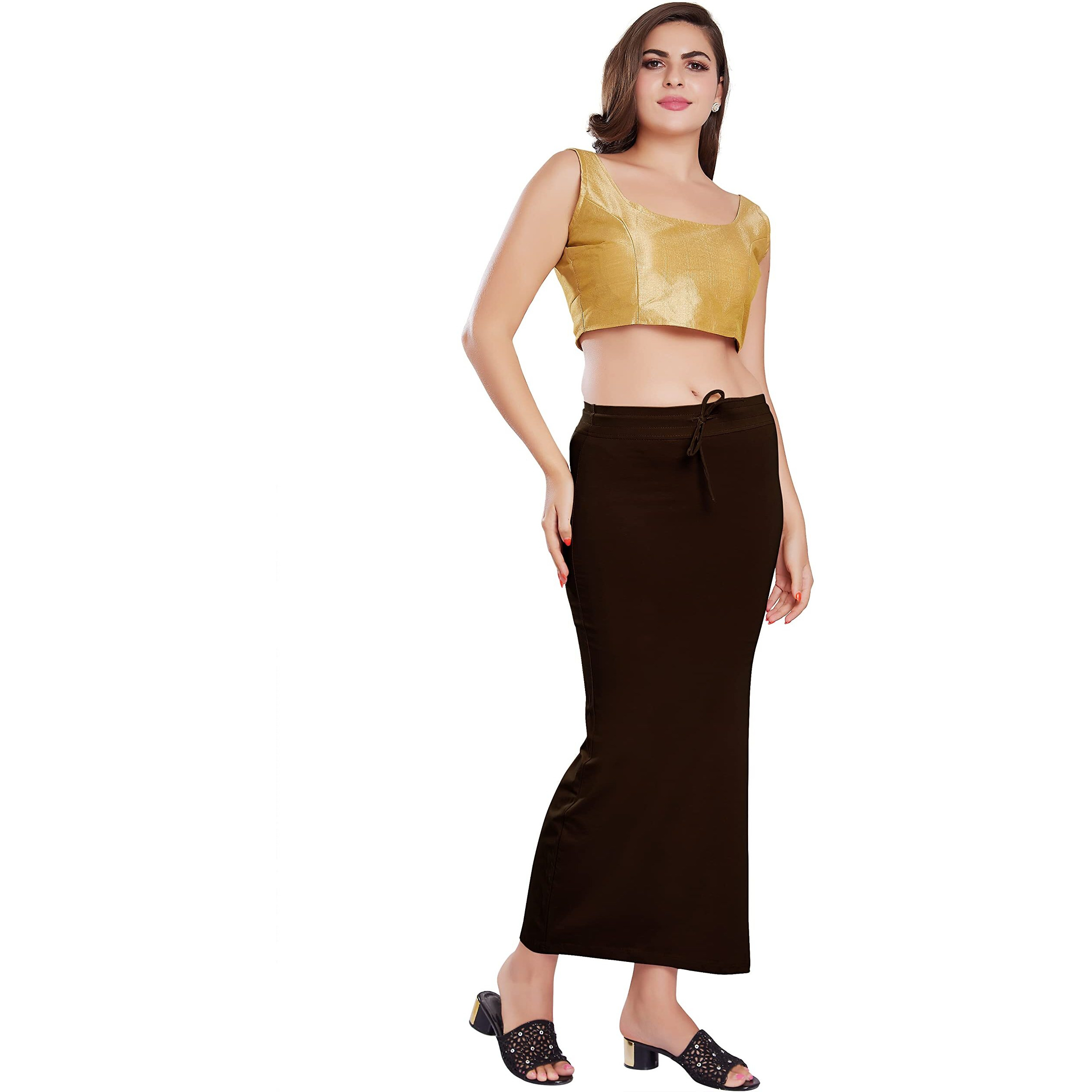 RANI SAAHIBA Womens Stretchy Slim Fishcut Petticoat Cotton Saree Shapewear(SHP34_L/XL_Coffee)