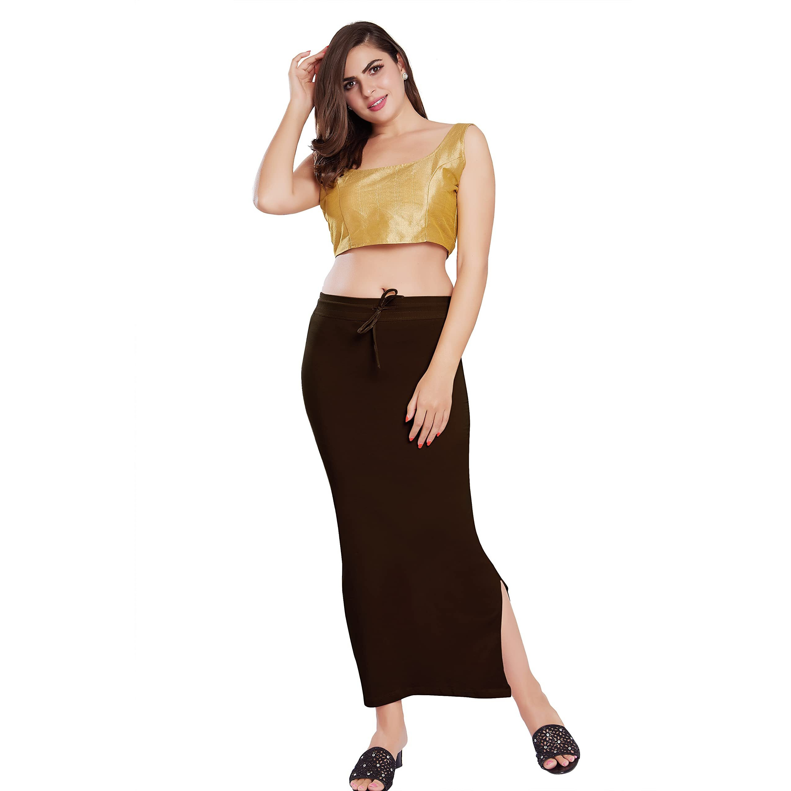 RANI SAAHIBA Womens Stretchy Slim Fishcut Petticoat Cotton Saree Shapewear(SHP34_L/XL_Coffee)