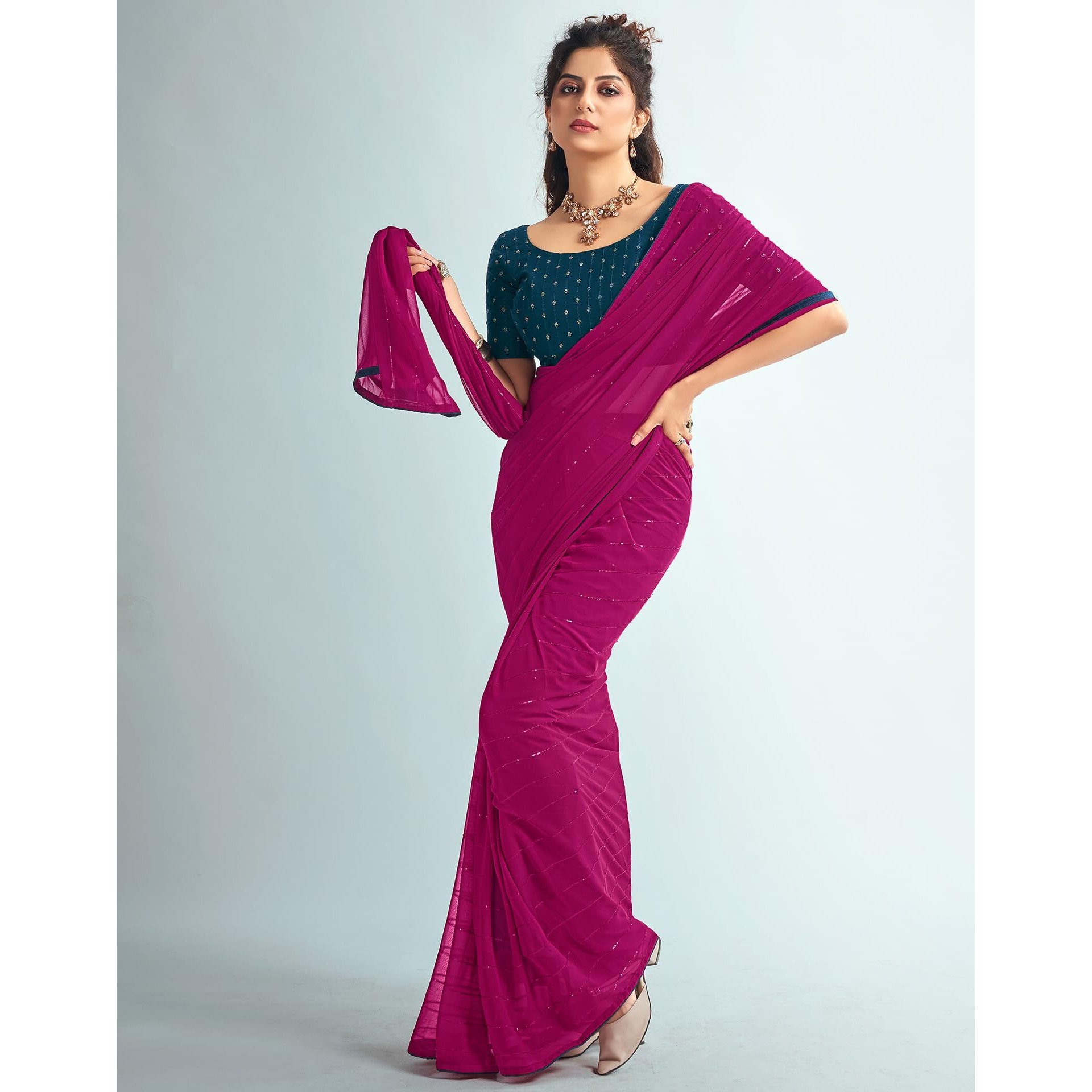 SIRIL Womens Georgette Sequence Work Saree With Unstitched Blouse Piece (3475S706_Rani Pink)