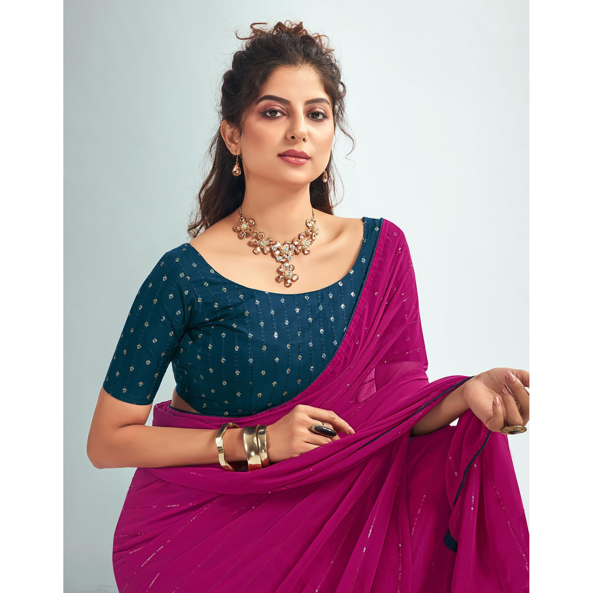SIRIL Womens Georgette Sequence Work Saree With Unstitched Blouse Piece (3475S706_Rani Pink)