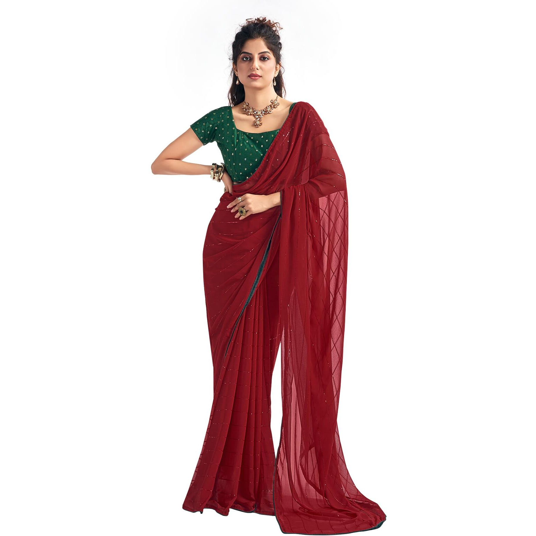 SIRIL Womens Georgette Sequence Work Saree With Unstitched Blouse Piece (3475S710_Maroon)