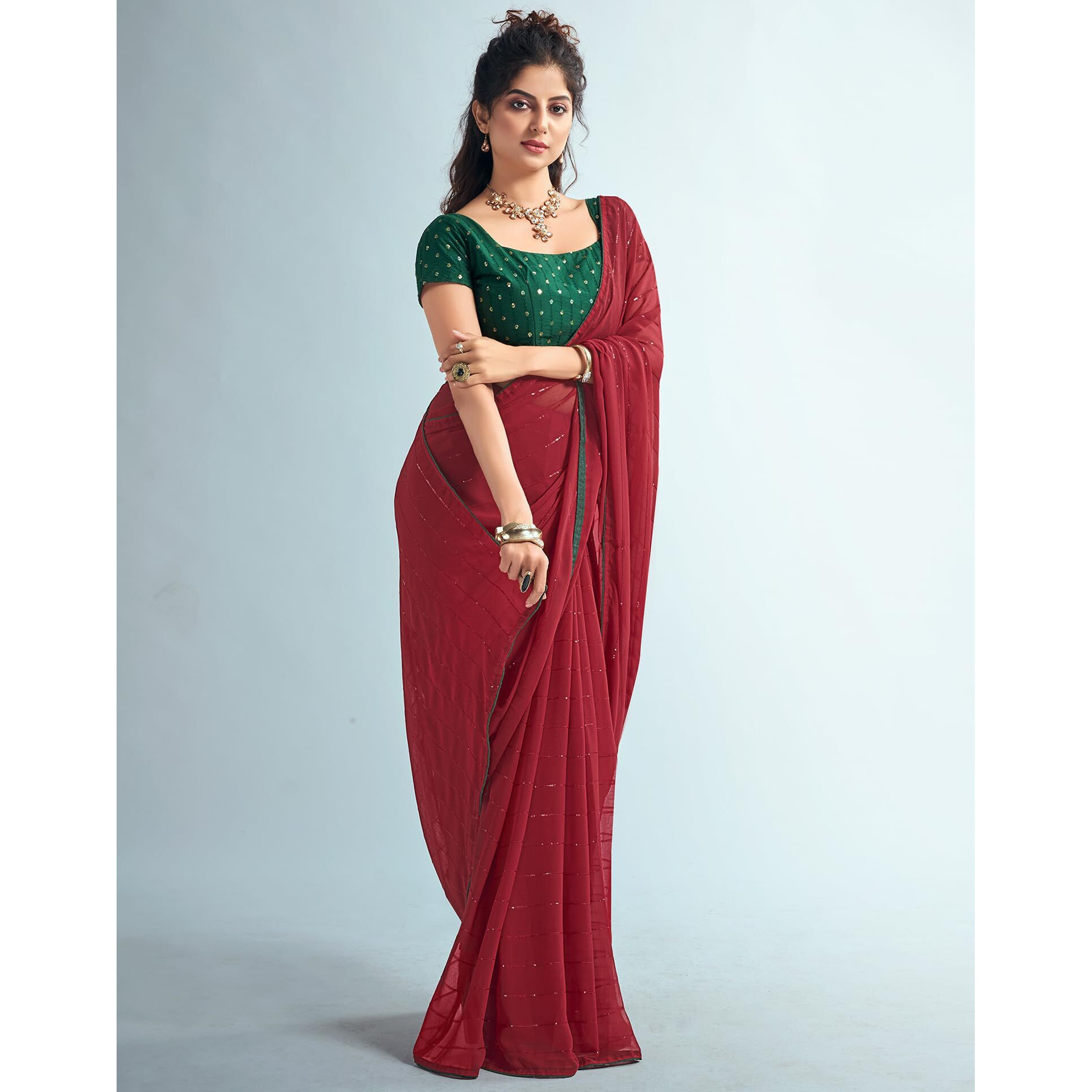SIRIL Womens Georgette Sequence Work Saree With Unstitched Blouse Piece (3475S710_Maroon)