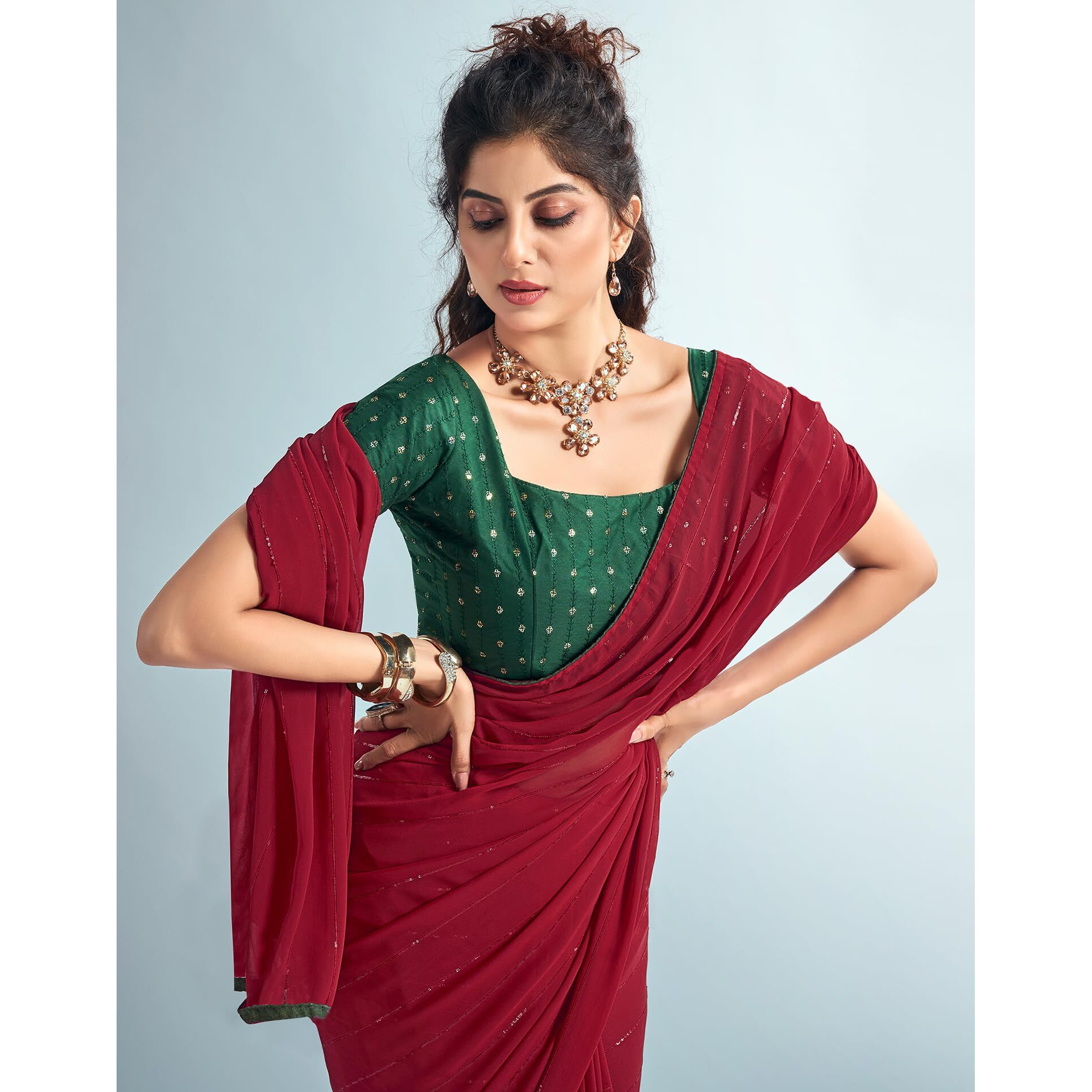 SIRIL Womens Georgette Sequence Work Saree With Unstitched Blouse Piece (3475S710_Maroon)