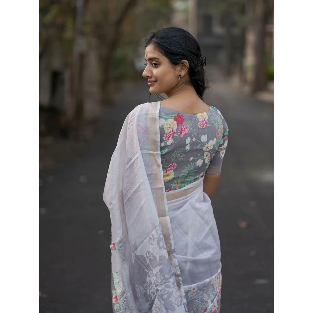 J Enterprise Womens Pure Soft Linen Cotton Banarasi Silk Saree Pattu For Women Kanjivaram Sarees Latest Party Design Wear Wedding Sadi With Blouse Piece 2023 2024 Ready To New (FlowerJaal) (Grey)