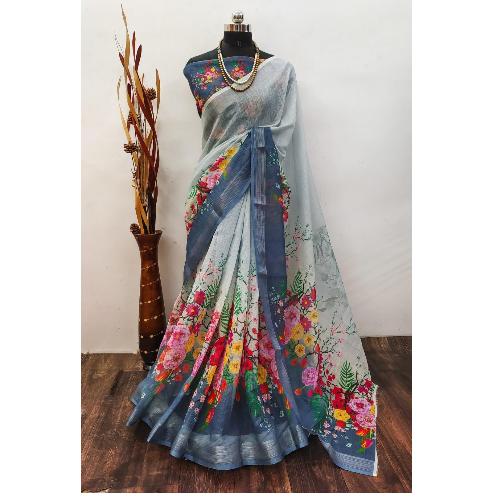 J Enterprise Womens Pure Soft Linen Cotton Banarasi Silk Saree Pattu For Women Kanjivaram Sarees Latest Party Design Wear Wedding Sadi With Blouse Piece 2023 2024 Ready To New (FlowerJaal) (Grey)