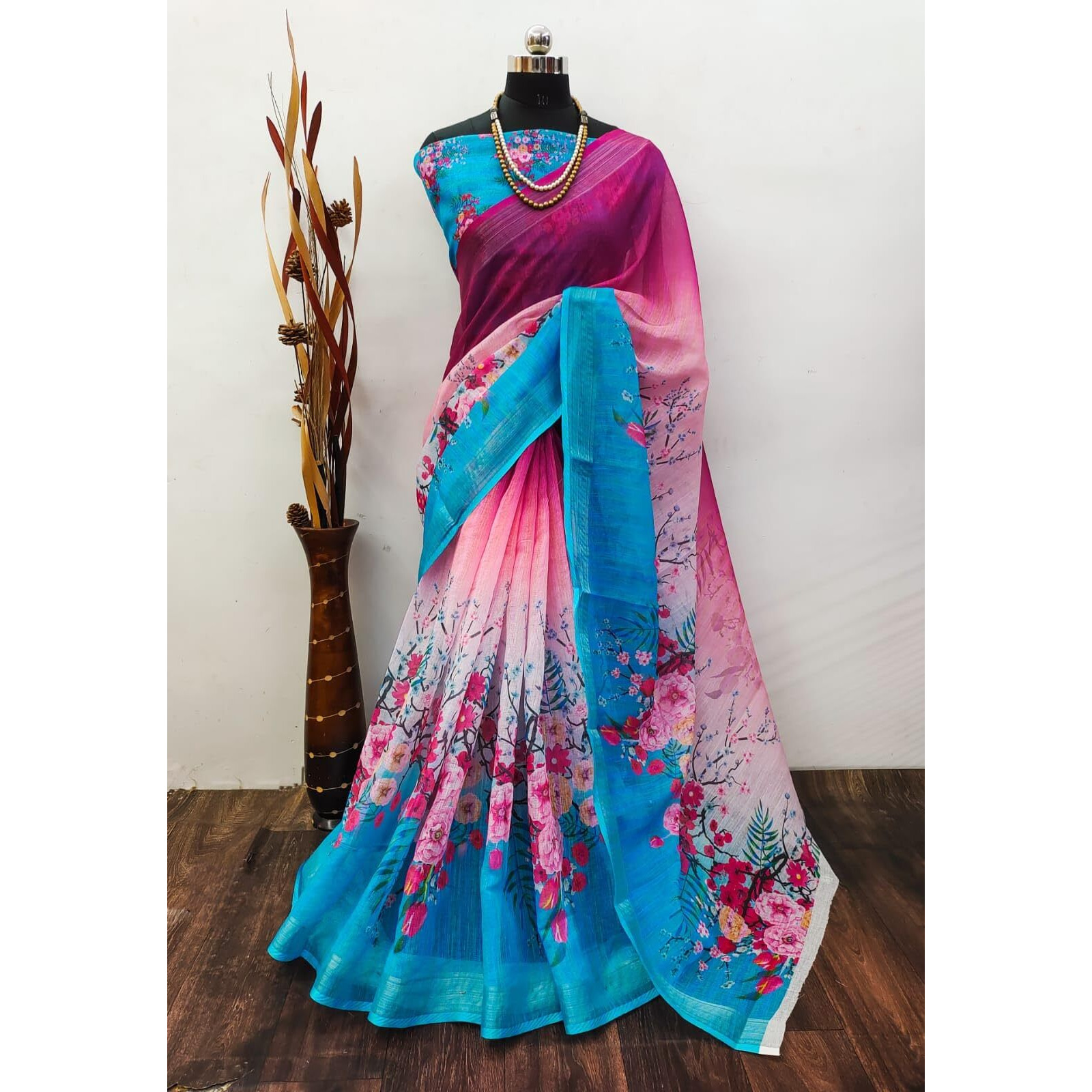 J Enterprise Womens Pure Soft Linen Cotton Banarasi Silk Saree Pattu For Women Kanjivaram Sarees Latest Party Design Wear Wedding Sadi With Blouse Piece 2023 2024 Ready To New (FlowerJaal) (Blue)