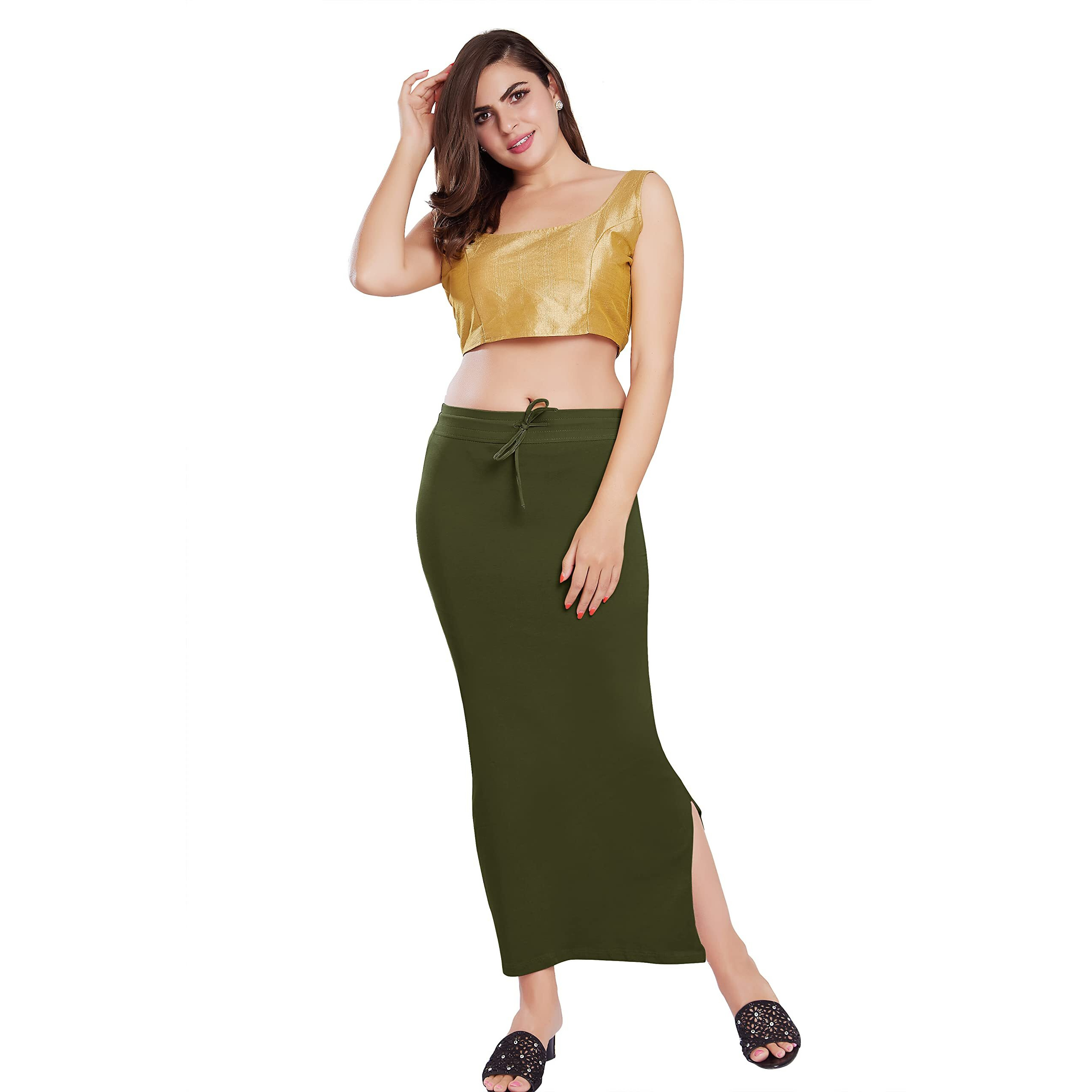 RANI SAAHIBA Womens Stretchy Slim Fishcut Petticoat Cotton Saree Shapewear(SHP69_S/M_Army Green)