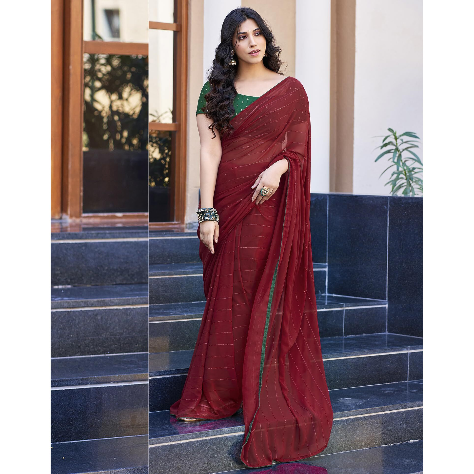 SIRIL Womens Georgette Sequence Work Saree With Unstitched Blouse Piece (3475S710A_Maroon)