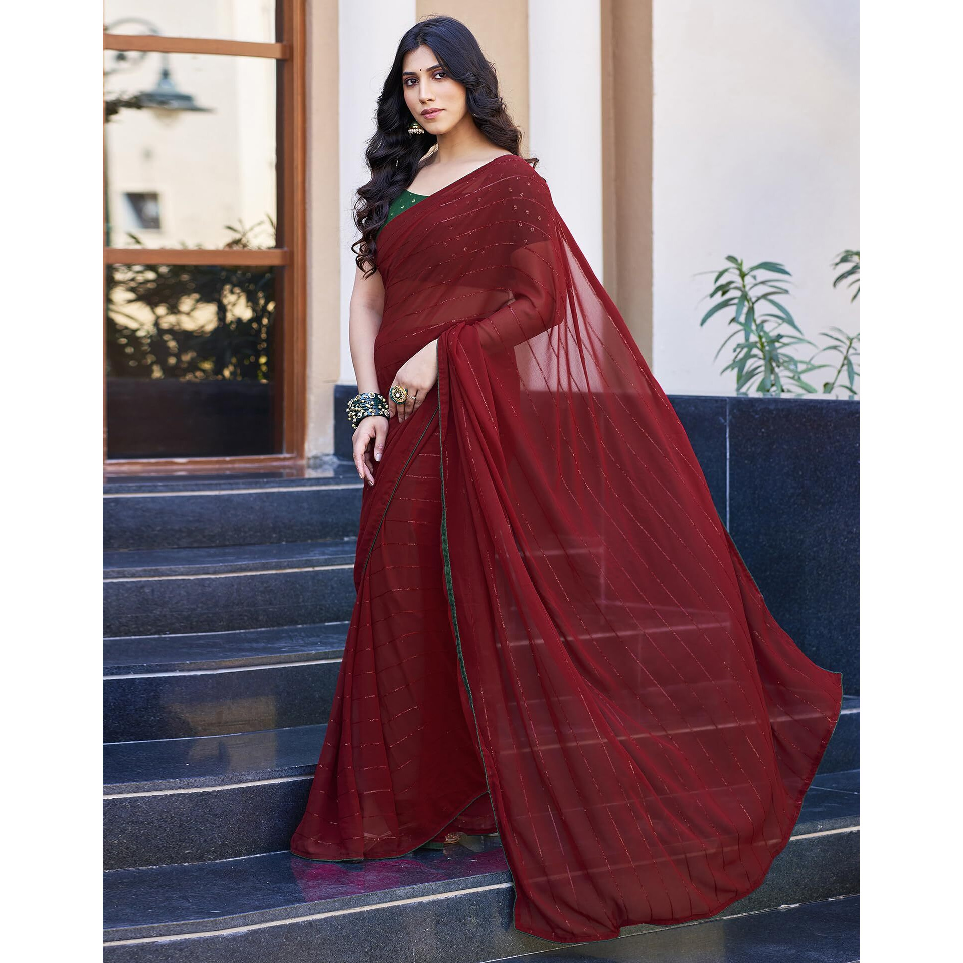 SIRIL Womens Georgette Sequence Work Saree With Unstitched Blouse Piece (3475S710A_Maroon)