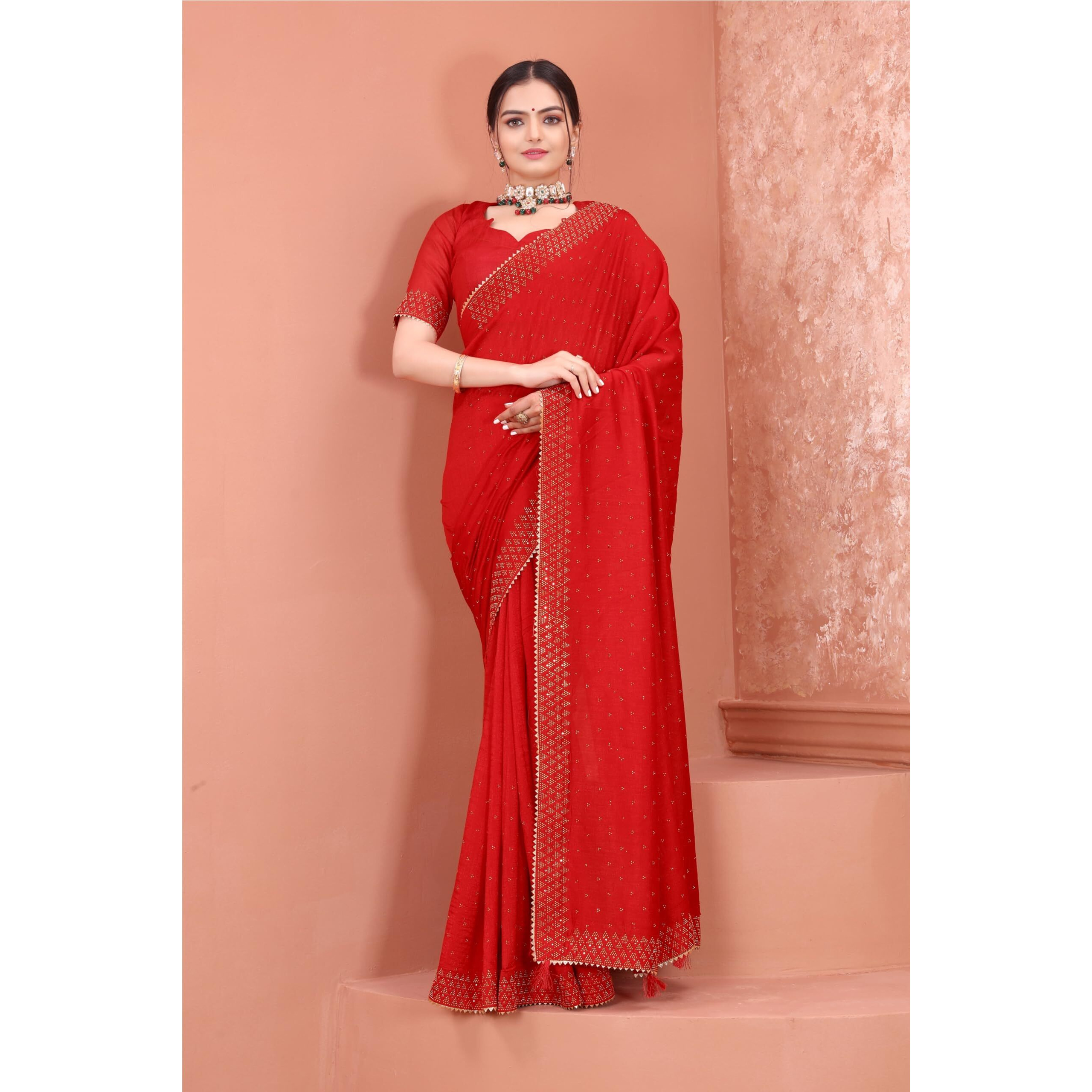 SWADESI STUFF Vichitra Silk Saree with Banglory Silk Blouse & Stunning Crystal Fix Embellishments - Latest Wear for Women (Red)