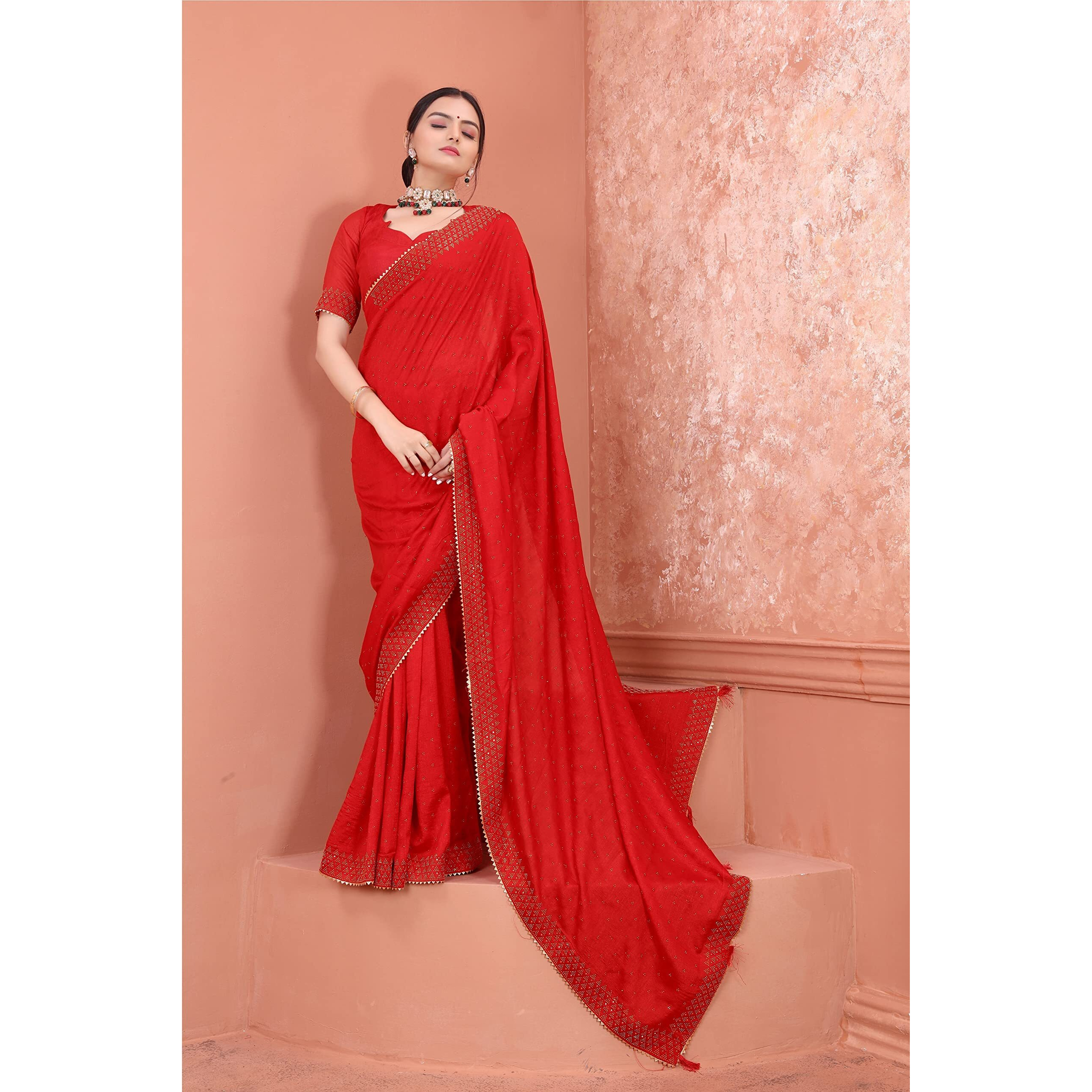 SWADESI STUFF Vichitra Silk Saree with Banglory Silk Blouse & Stunning Crystal Fix Embellishments - Latest Wear for Women (Red)