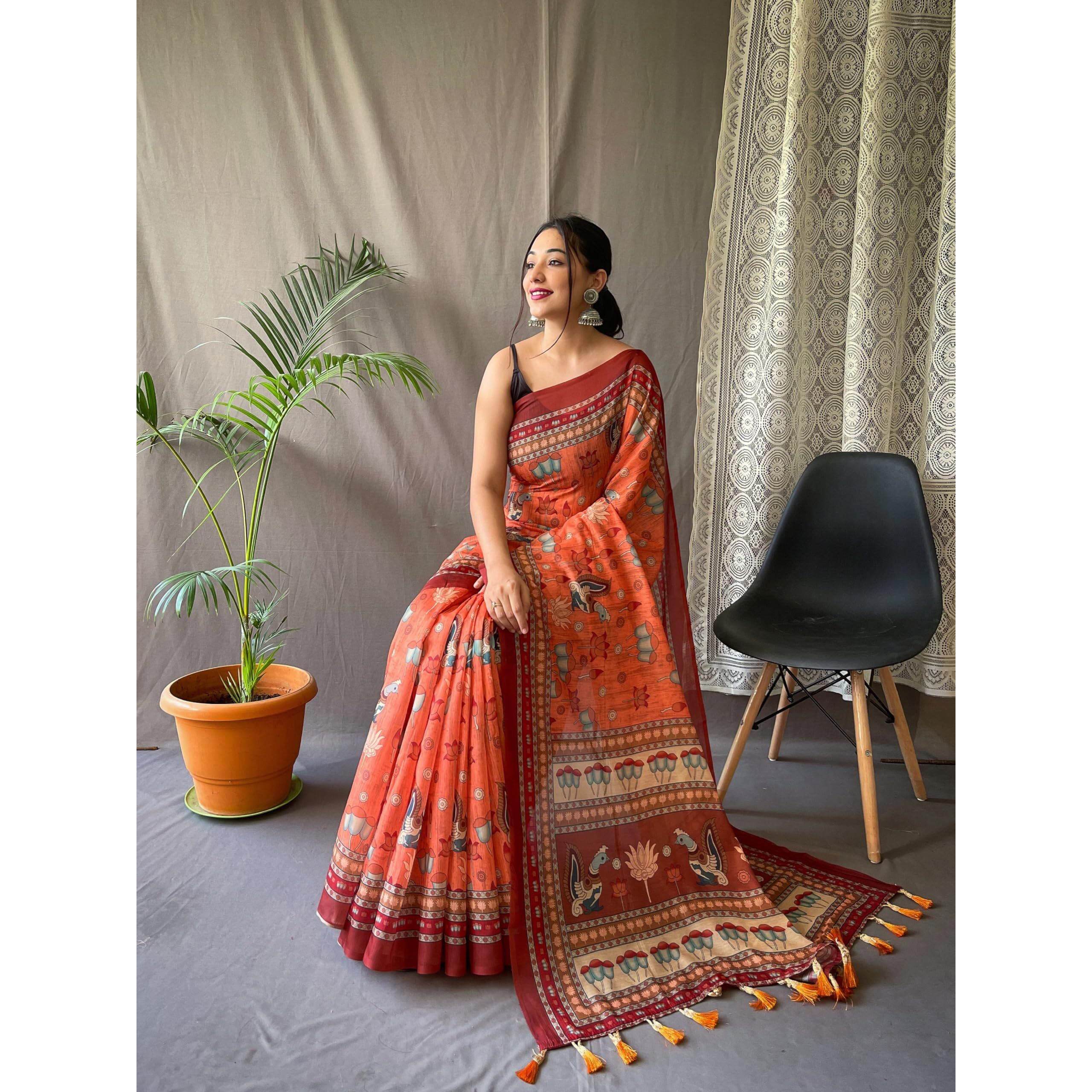 SGF11- Womens Cotton Linen Kalamkari Silk Printed Saree With Blouse Pieces (Orange)