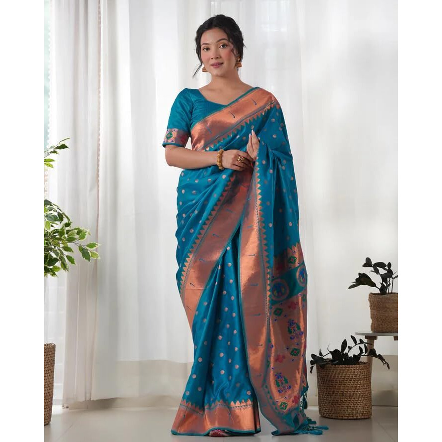 SGF11 Womens Paithani Kanjivaram Soft Silk Saree With Blouse Piece (Royal Blue)