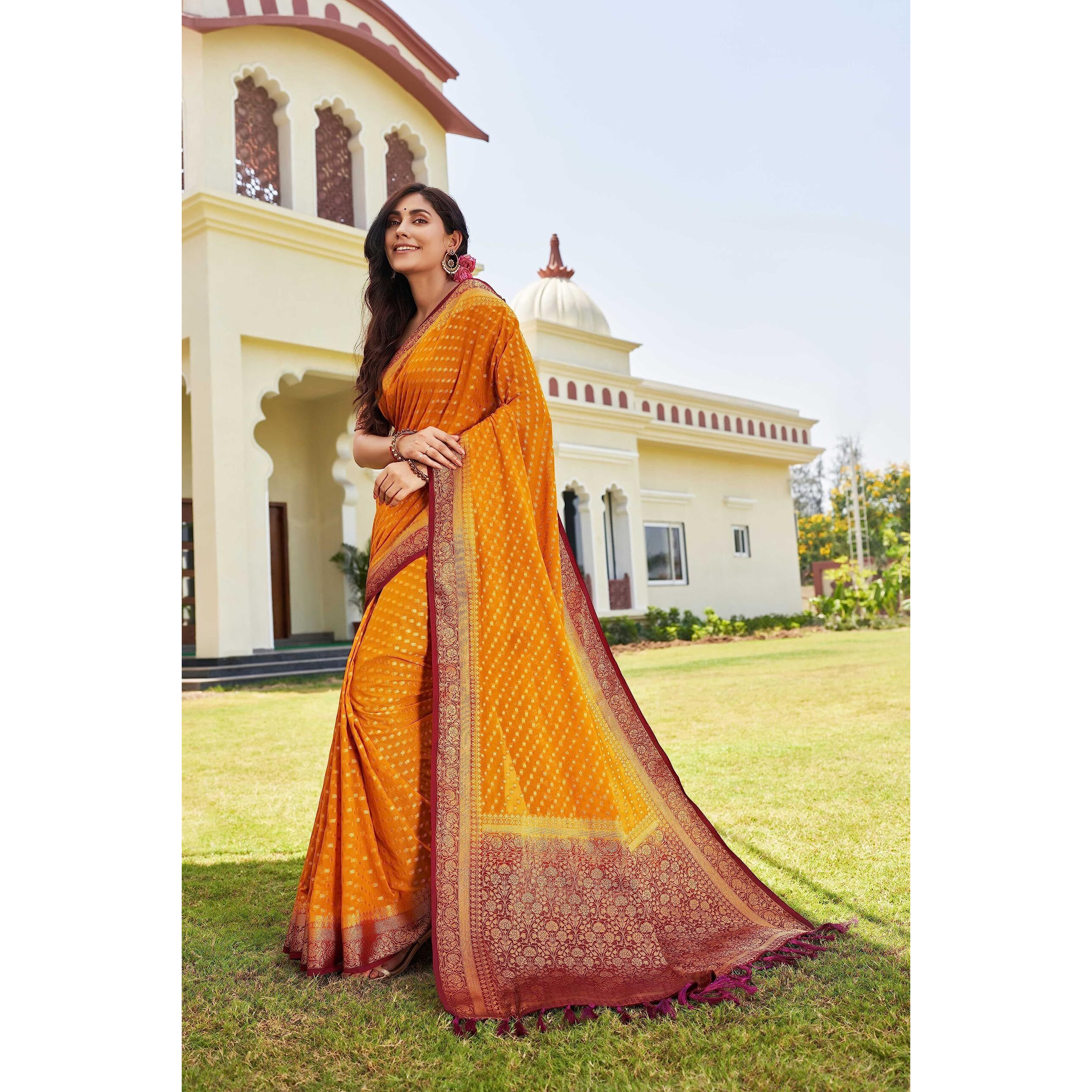 Vardha Womens Banarasi Georgette Saree with Unstitched Blouse Piece - Gold Zari Woven Work Sarees for Wedding (Mohini_665)