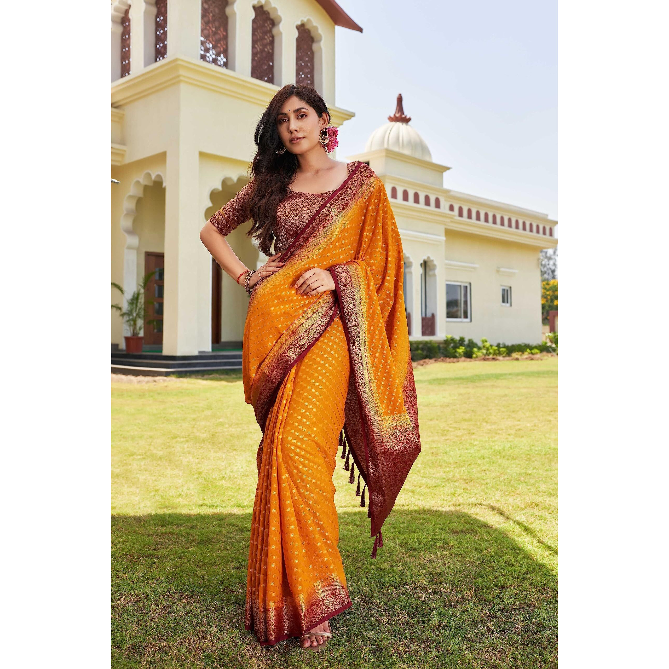 Vardha Womens Banarasi Georgette Saree with Unstitched Blouse Piece - Gold Zari Woven Work Sarees for Wedding (Mohini_665)