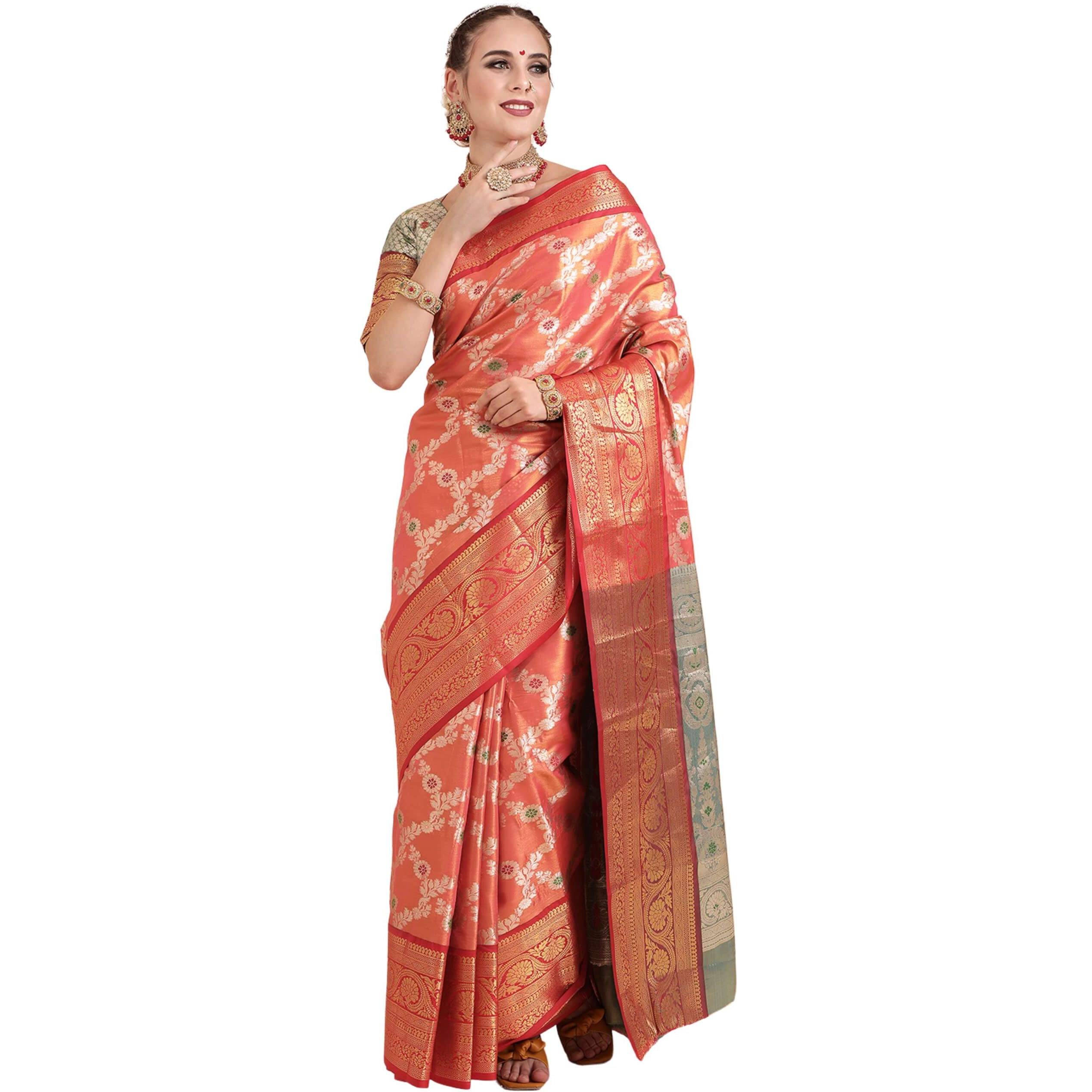 EthnicJunction Womens Banarasi Silk Blend Woven Saree With Unstitched Blouse Piece (EJ7064-Upasana-Orange_Orange)