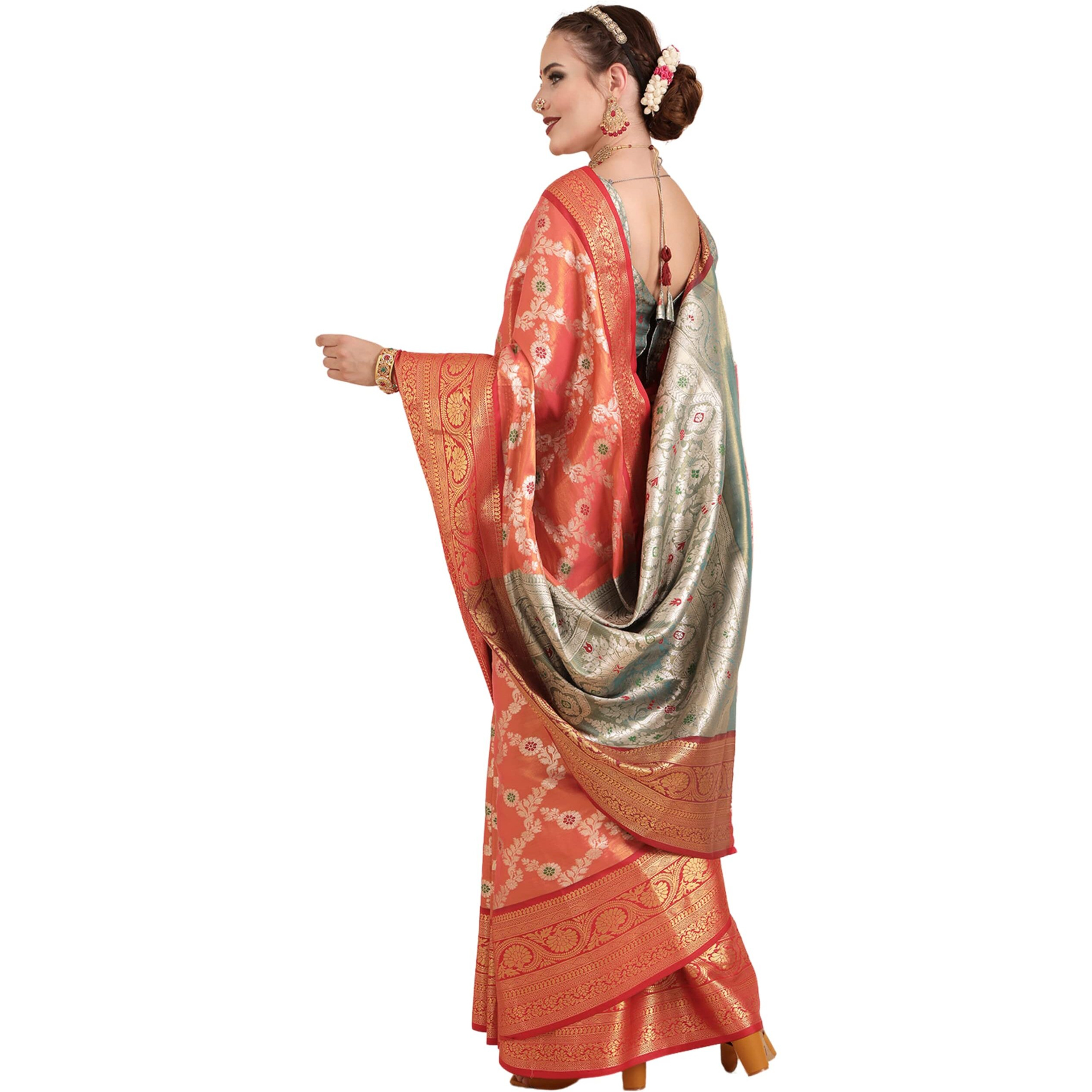 EthnicJunction Womens Banarasi Silk Blend Woven Saree With Unstitched Blouse Piece (EJ7064-Upasana-Orange_Orange)