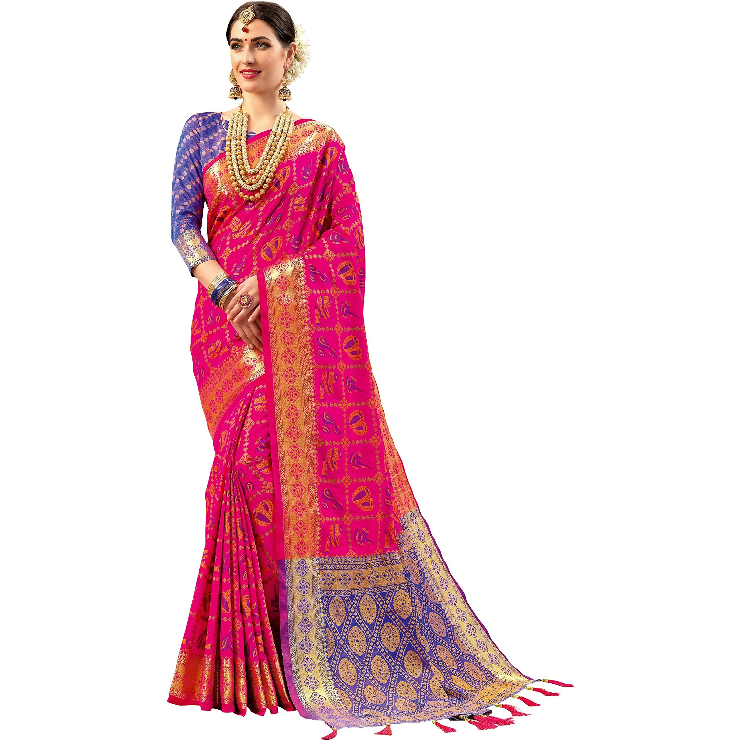 EthnicJunction Womens Woven Banarasi SIlk Blend Saree With Blouse Piece (EJ1175-1006_Pink & Blue)