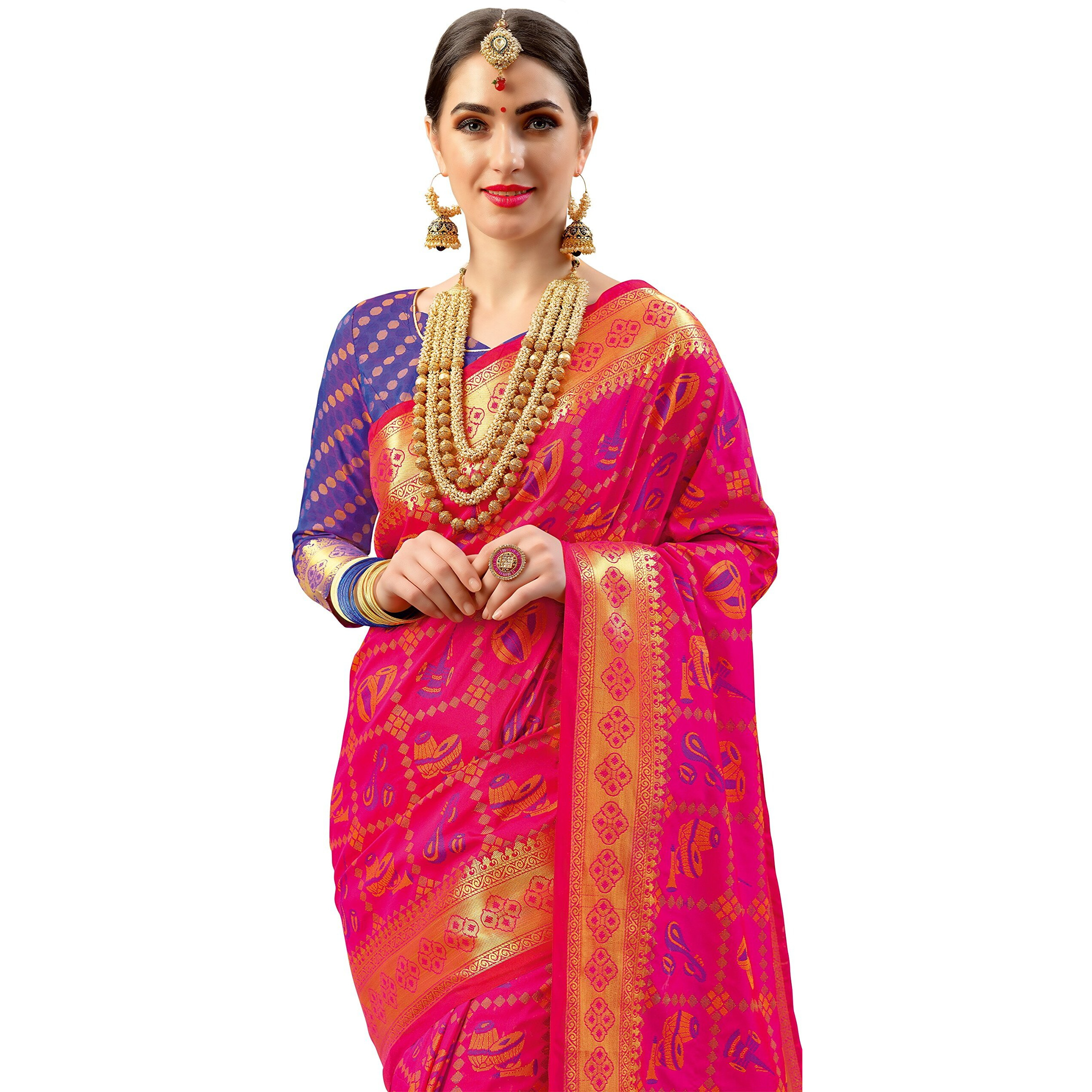 EthnicJunction Womens Woven Banarasi SIlk Blend Saree With Blouse Piece (EJ1175-1006_Pink & Blue)