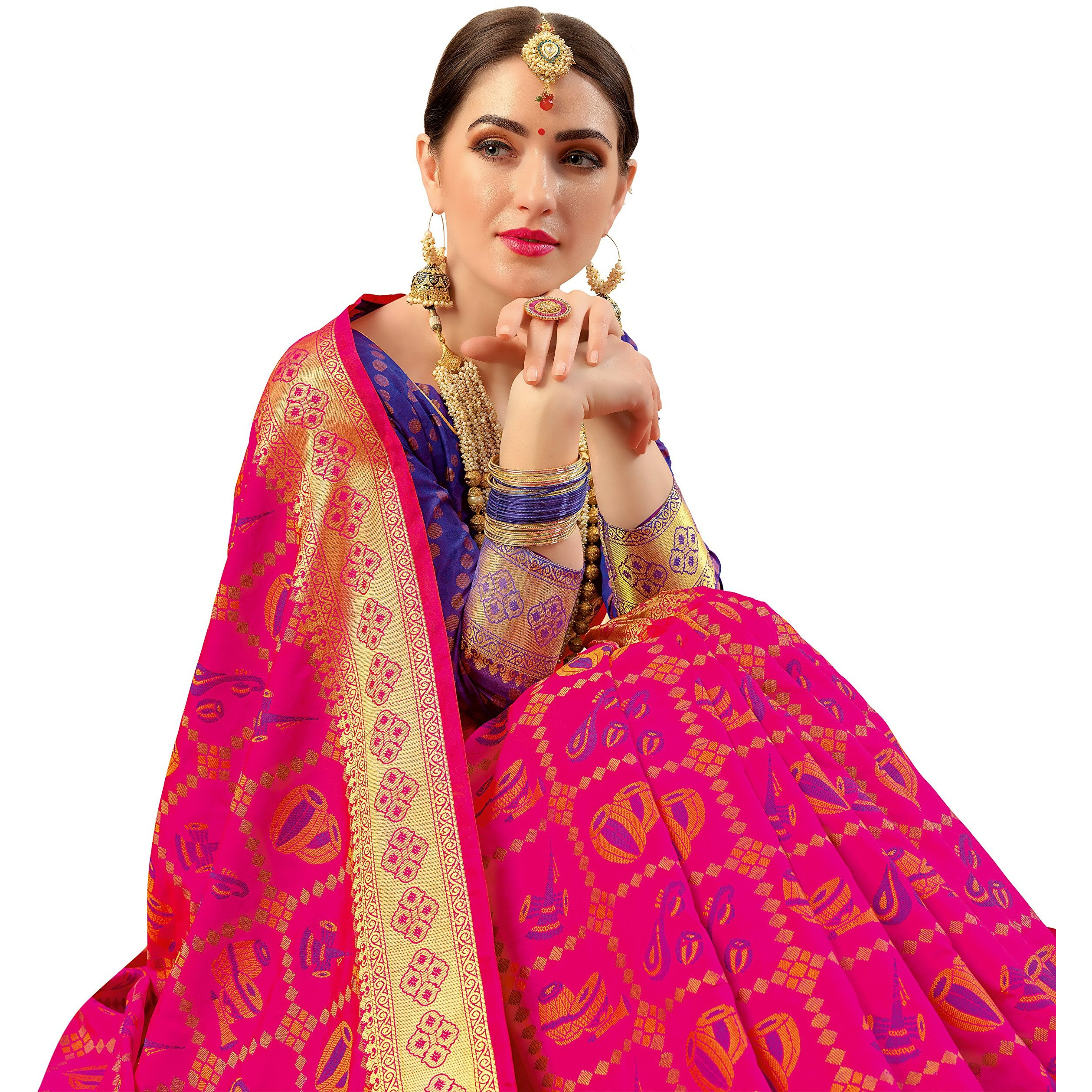 EthnicJunction Womens Woven Banarasi SIlk Blend Saree With Blouse Piece (EJ1175-1006_Pink & Blue)