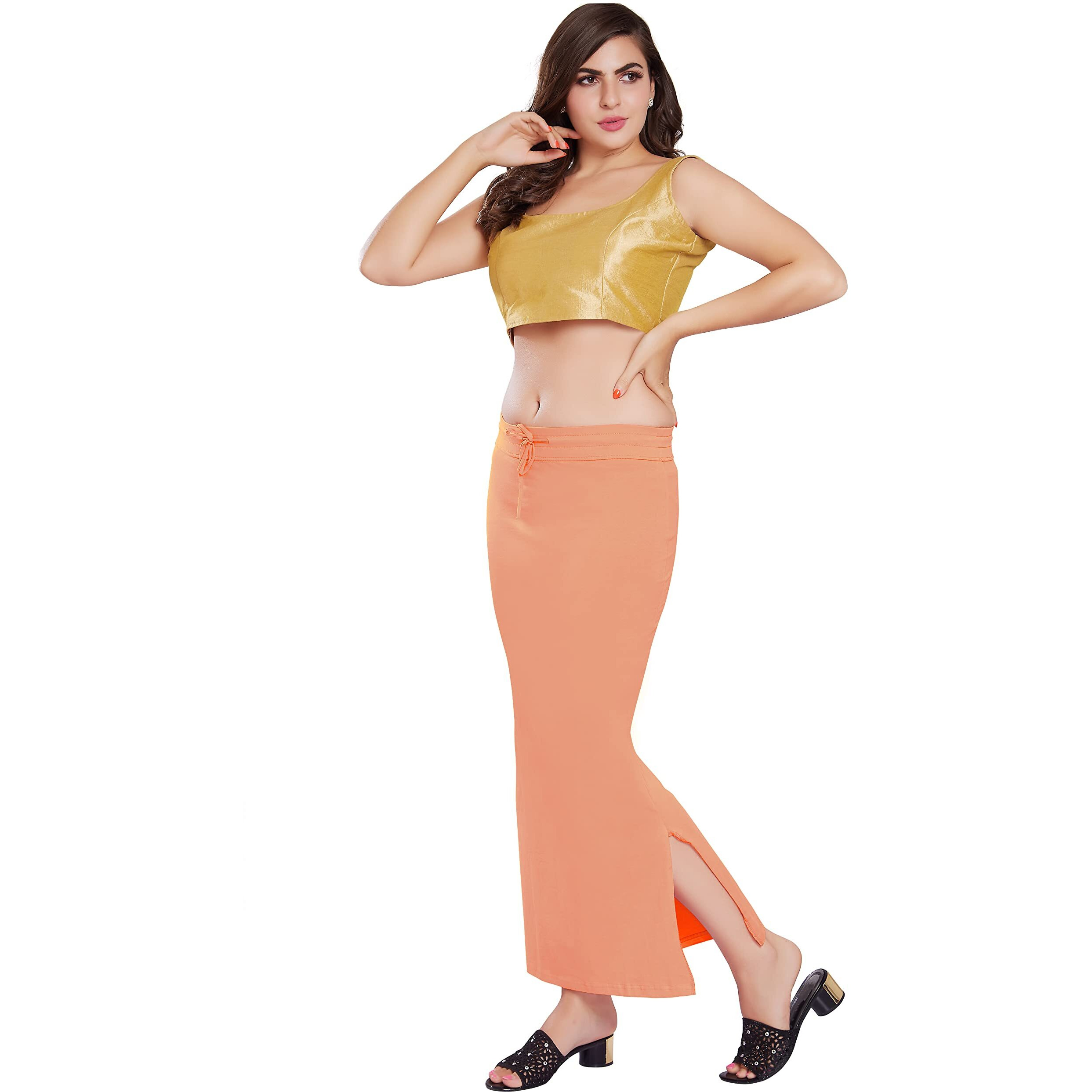 RANI SAAHIBA Womens Stretchy Slim Fishcut Petticoat Cotton Saree Shapewear(SHP64_L/XL_Melon Orange)
