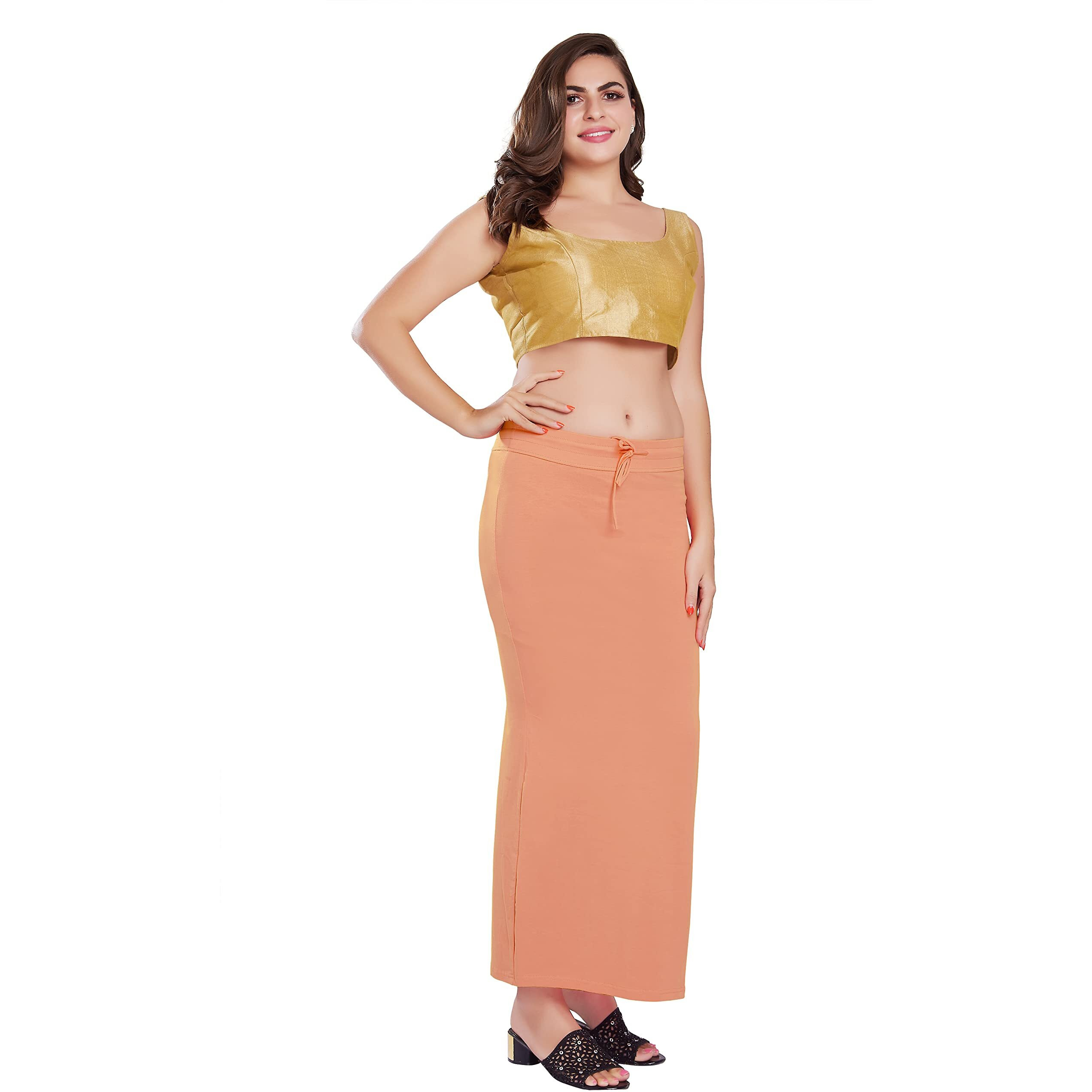 RANI SAAHIBA Womens Stretchy Slim Fishcut Petticoat Cotton Saree Shapewear(SHP64_L/XL_Melon Orange)