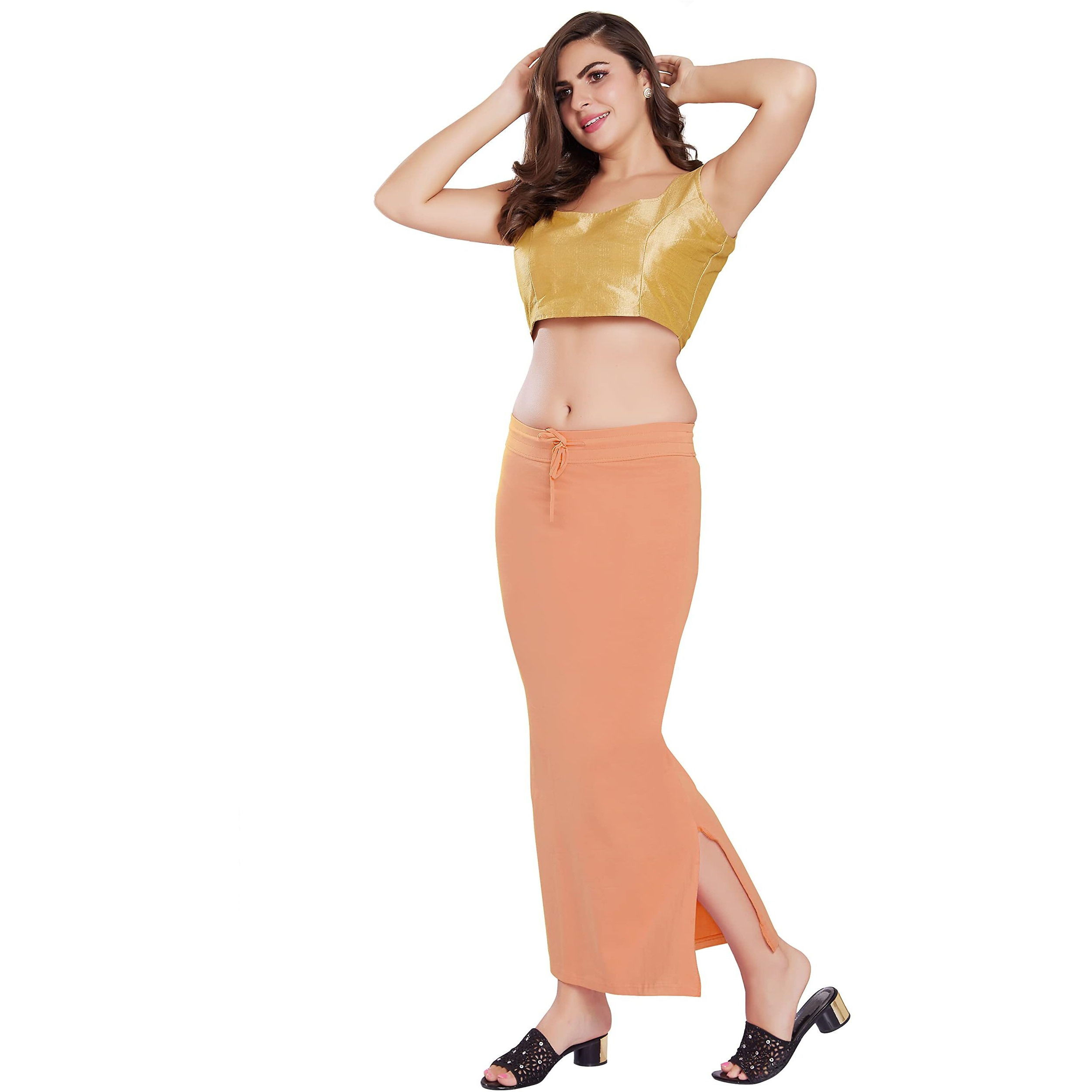 RANI SAAHIBA Womens Stretchy Slim Fishcut Petticoat Cotton Saree Shapewear(SHP64_L/XL_Melon Orange)