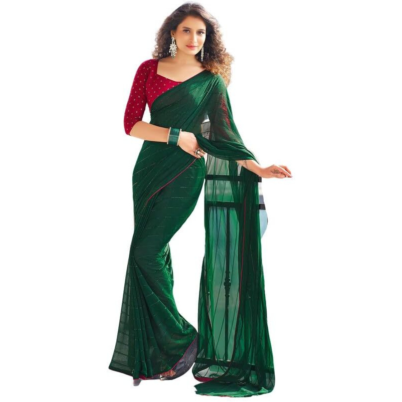 SIRIL Womens Georgette Sequence Work Saree With Unstitched Blouse Piece (3475S704A_Dark Green)
