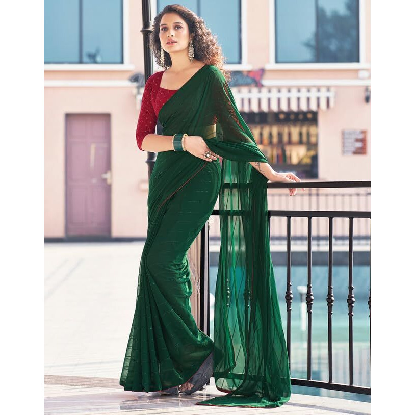 SIRIL Womens Georgette Sequence Work Saree With Unstitched Blouse Piece (3475S704A_Dark Green)