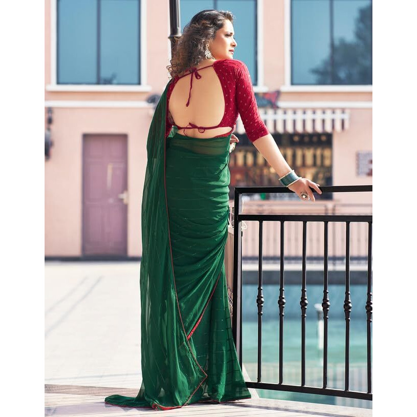 SIRIL Womens Georgette Sequence Work Saree With Unstitched Blouse Piece (3475S704A_Dark Green)