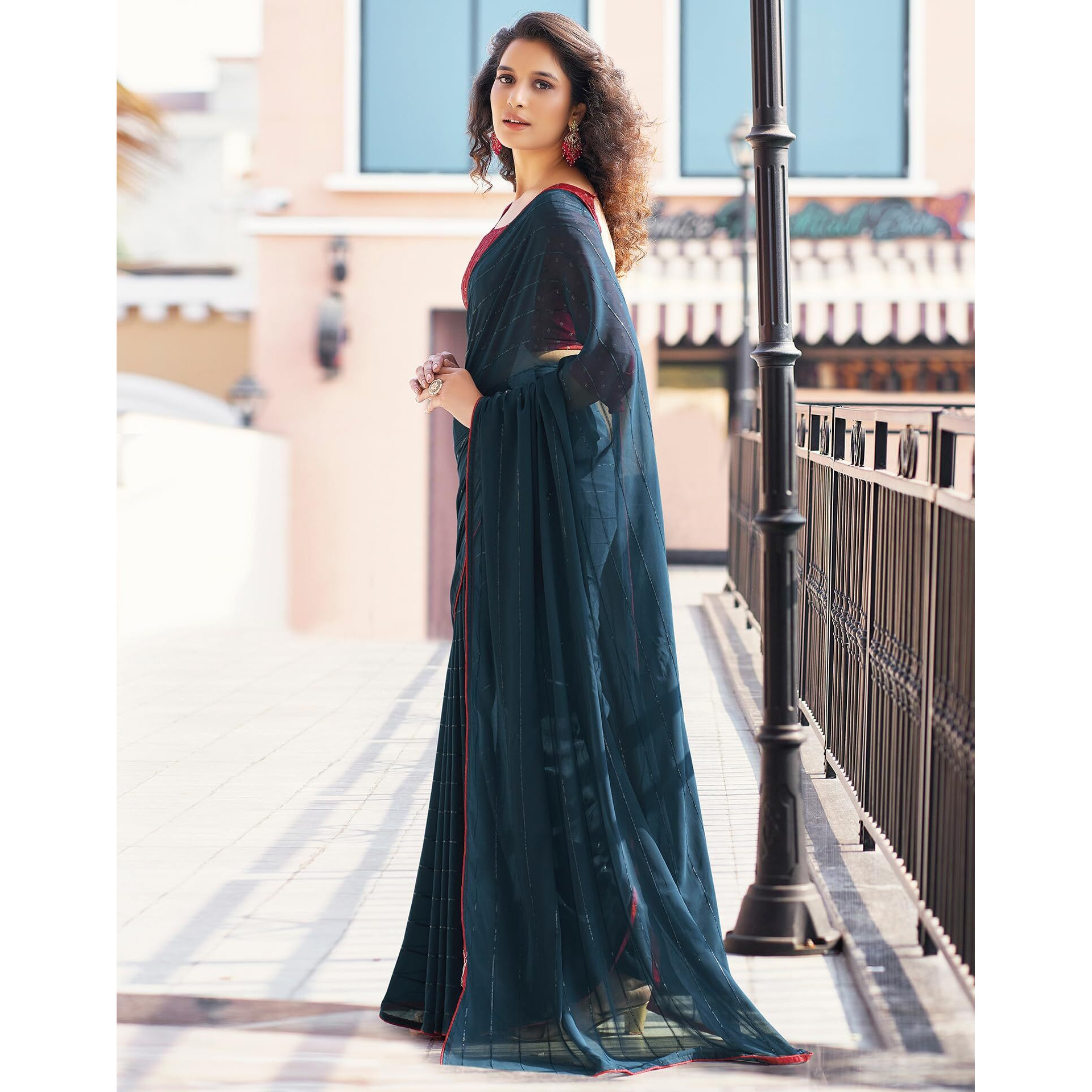 SIRIL Womens Georgette Sequence Work Saree With Unstitched Blouse Piece (3475S705A_Teal Blue)