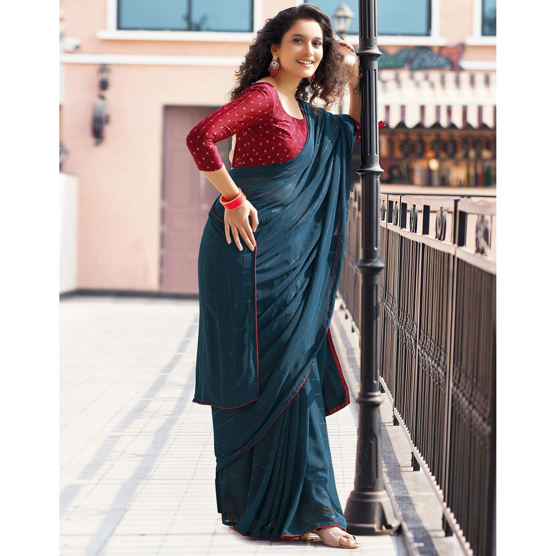 SIRIL Womens Georgette Sequence Work Saree With Unstitched Blouse Piece (3475S705A_Teal Blue)