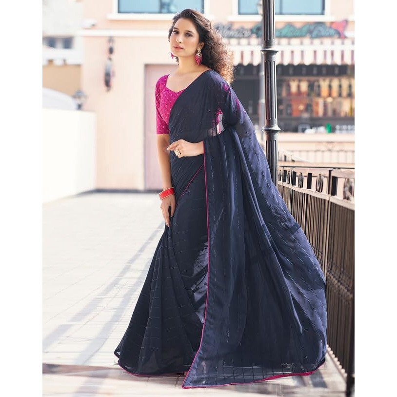 SIRIL Womens Georgette Sequence Work Saree With Unstitched Blouse Piece (3475S708A_Navy Blue)