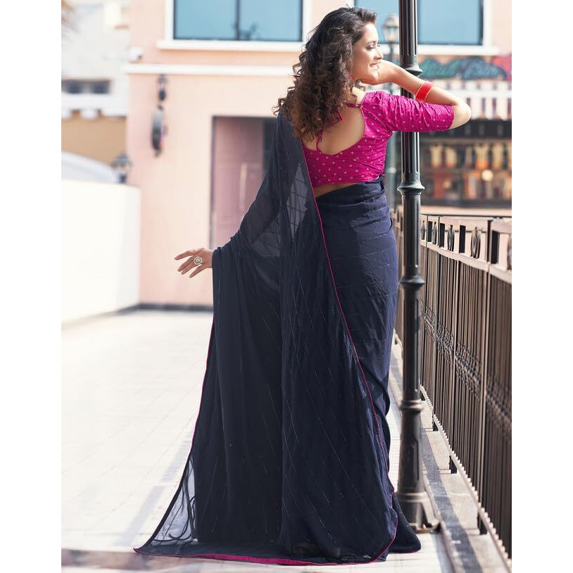 SIRIL Womens Georgette Sequence Work Saree With Unstitched Blouse Piece (3475S708A_Navy Blue)