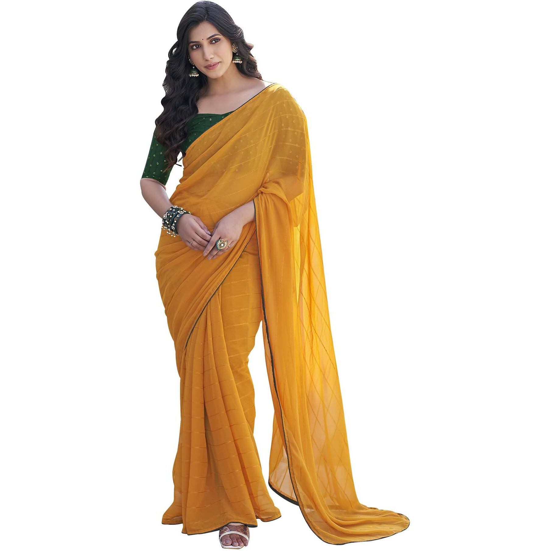 SIRIL Womens Georgette Sequence Work Saree With Unstitched Blouse Piece (3475S707A_Yellow)