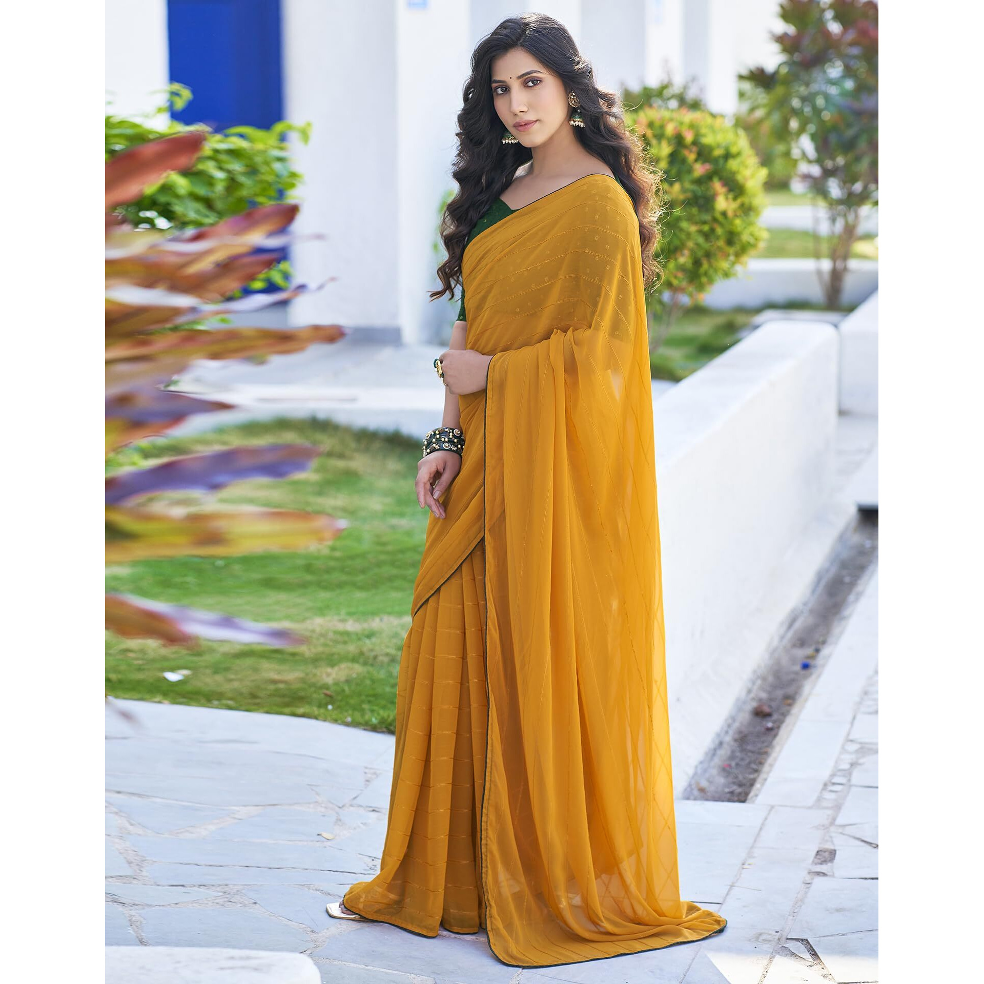 SIRIL Womens Georgette Sequence Work Saree With Unstitched Blouse Piece (3475S707A_Yellow)