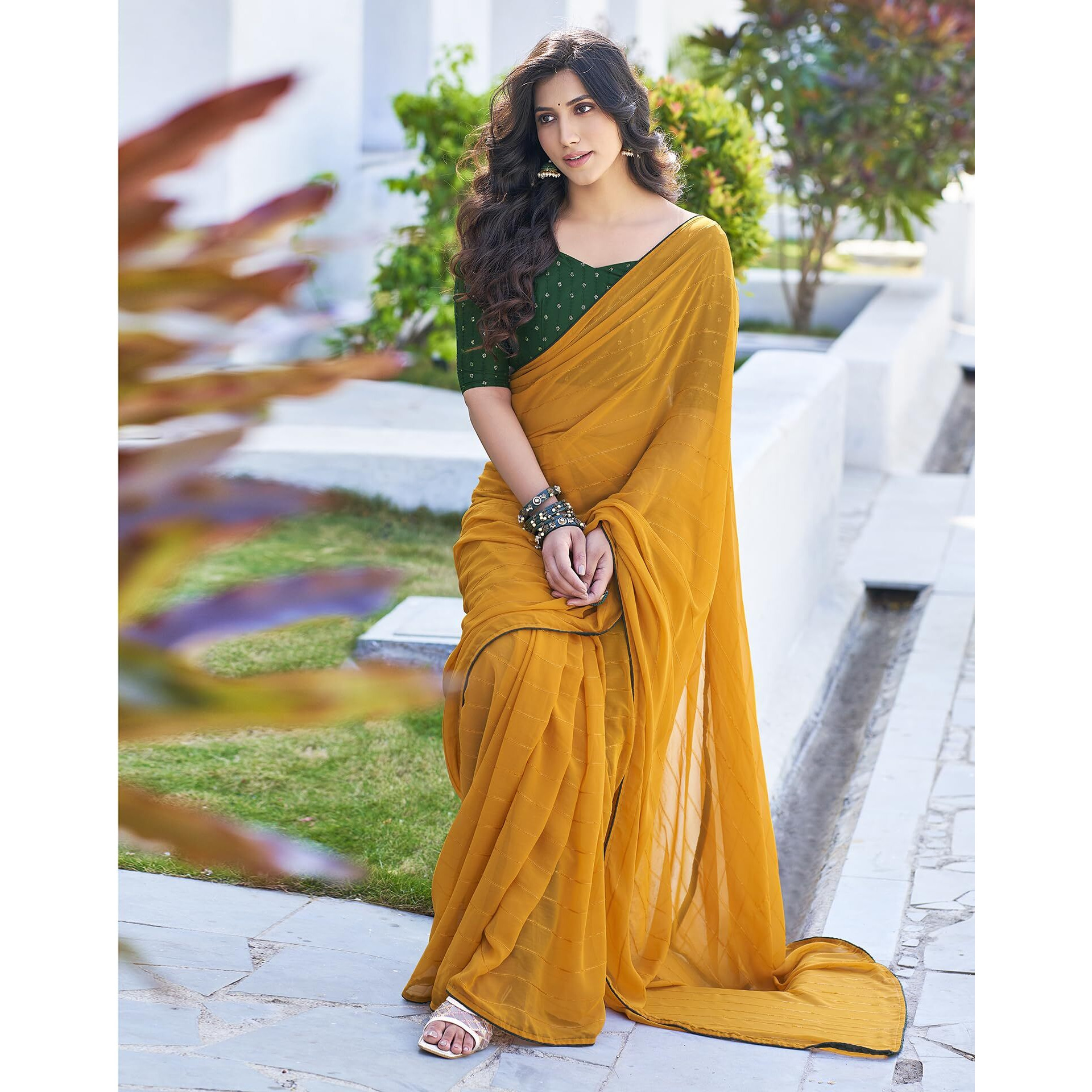 SIRIL Womens Georgette Sequence Work Saree With Unstitched Blouse Piece (3475S707A_Yellow)