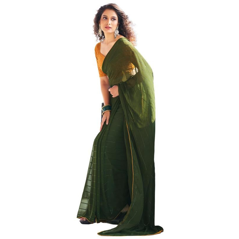 SIRIL Womens Georgette Sequence Work Saree With Unstitched Blouse Piece (3475S701A_Mehndi Green)