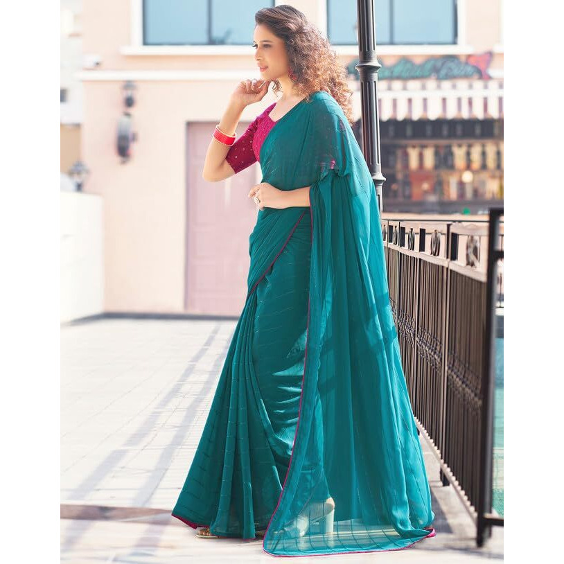 SIRIL Womens Georgette Sequence Work Saree With Unstitched Blouse Piece (3475S709A_Rama Blue)