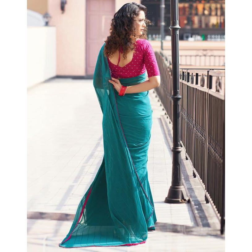SIRIL Womens Georgette Sequence Work Saree With Unstitched Blouse Piece (3475S709A_Rama Blue)