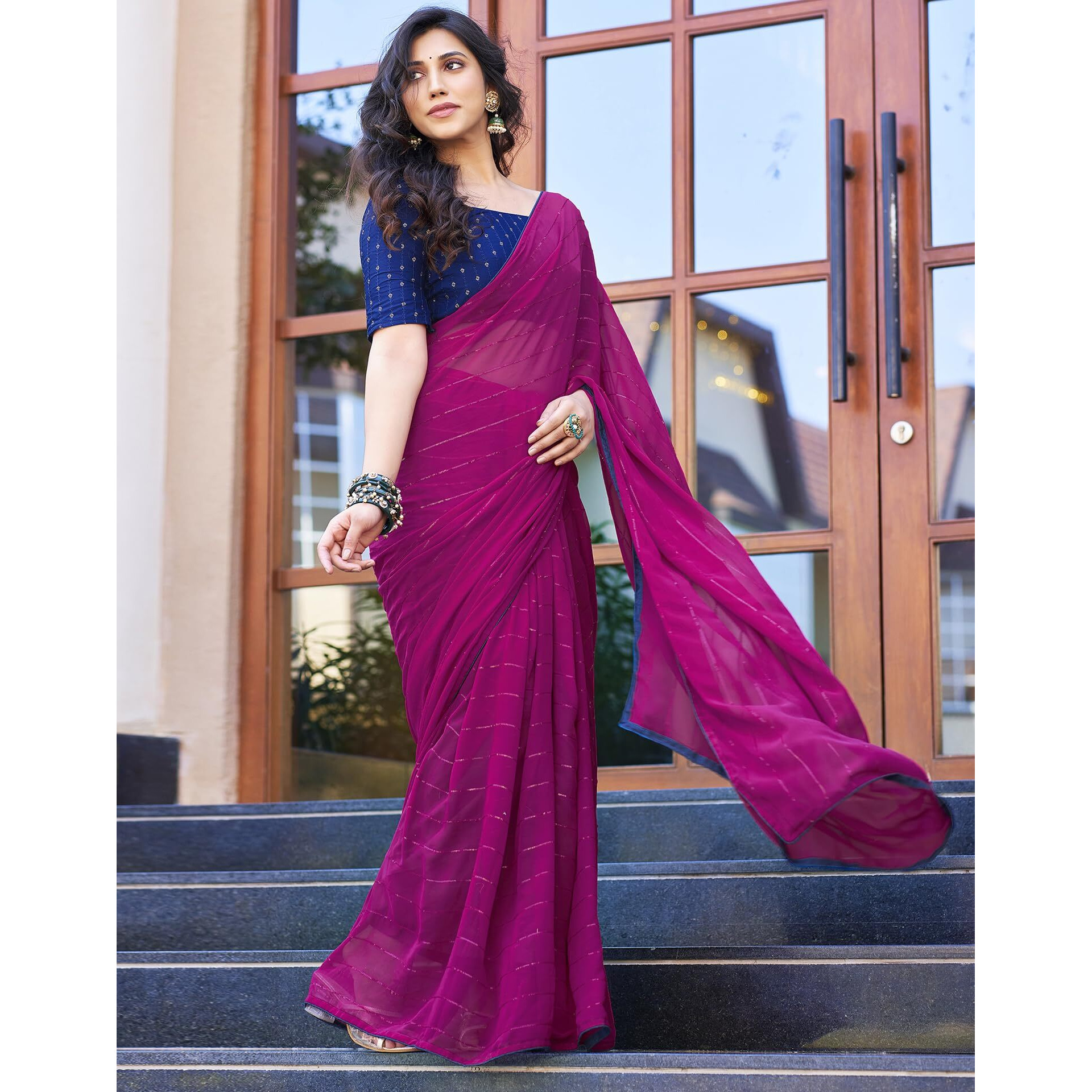 SIRIL Womens Georgette Sequence Work Saree With Unstitched Blouse Piece (3475S706A_Rani Pink)