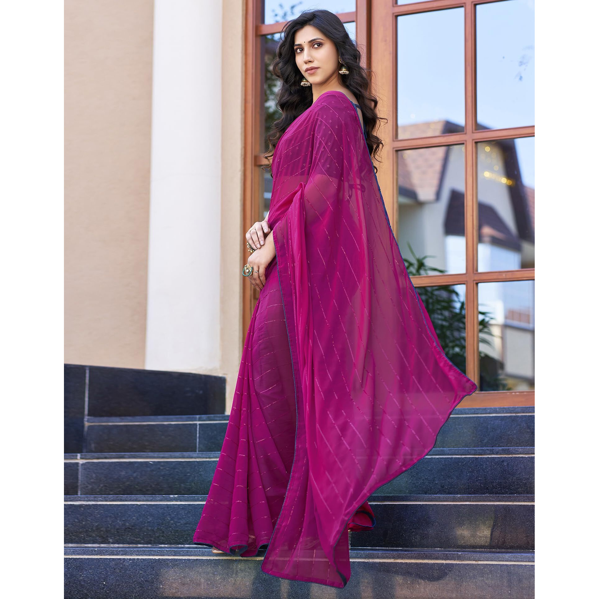 SIRIL Womens Georgette Sequence Work Saree With Unstitched Blouse Piece (3475S706A_Rani Pink)