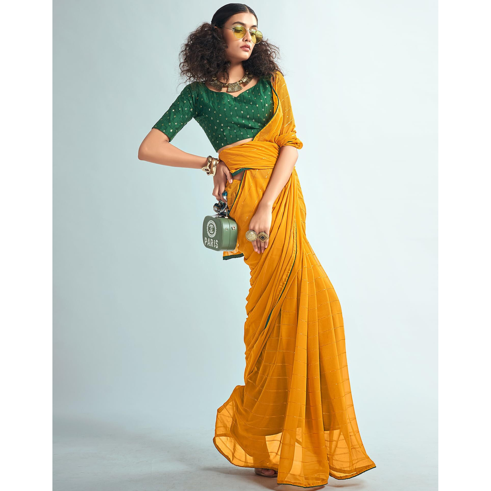 SIRIL Womens Georgette Sequence Work Saree With Unstitched Blouse Piece (3475S707_Yellow)