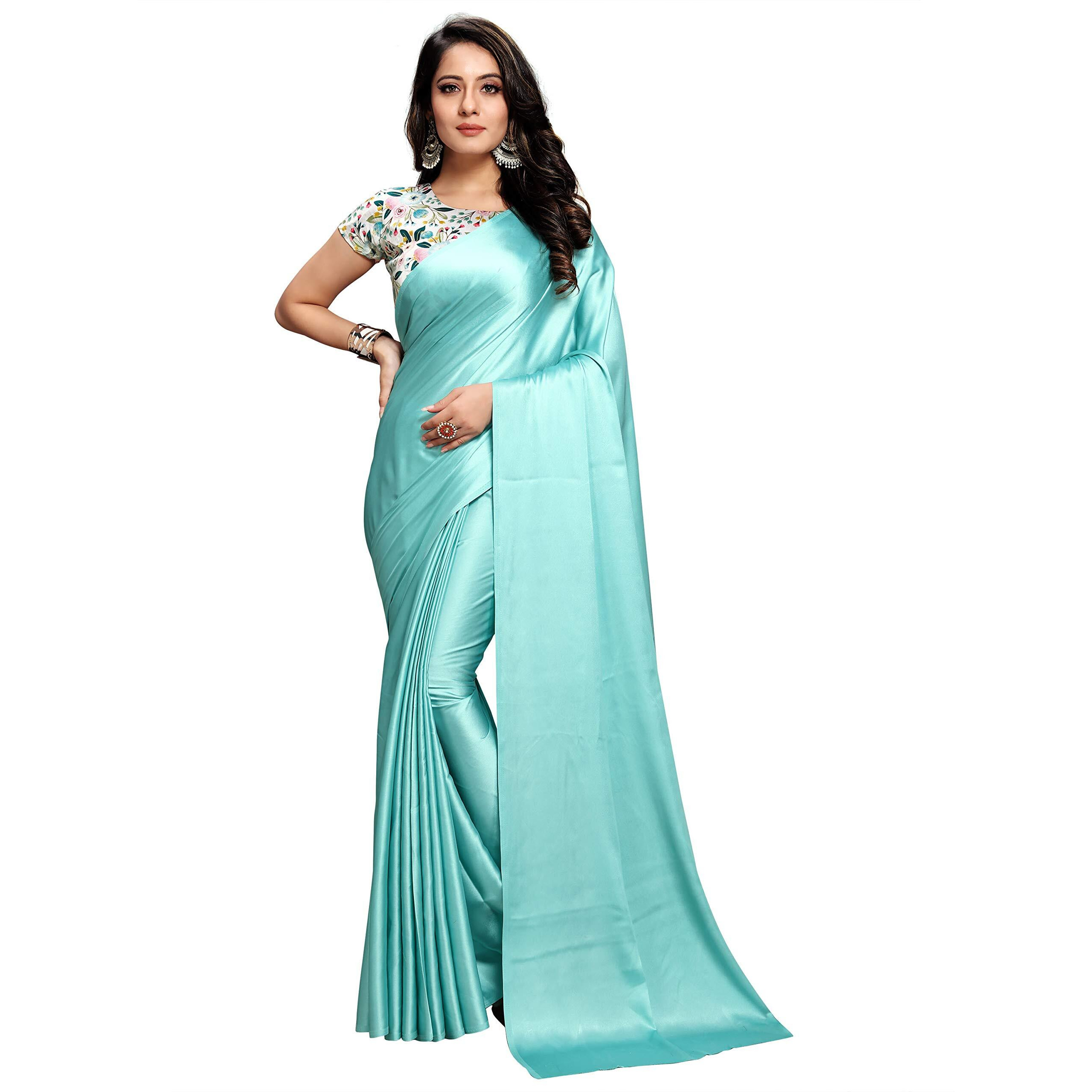DHYANOM womens Soft Turquoise Satin Silk Plain Saree with Art Silk Digital Printed Unstiched Designer Blouse