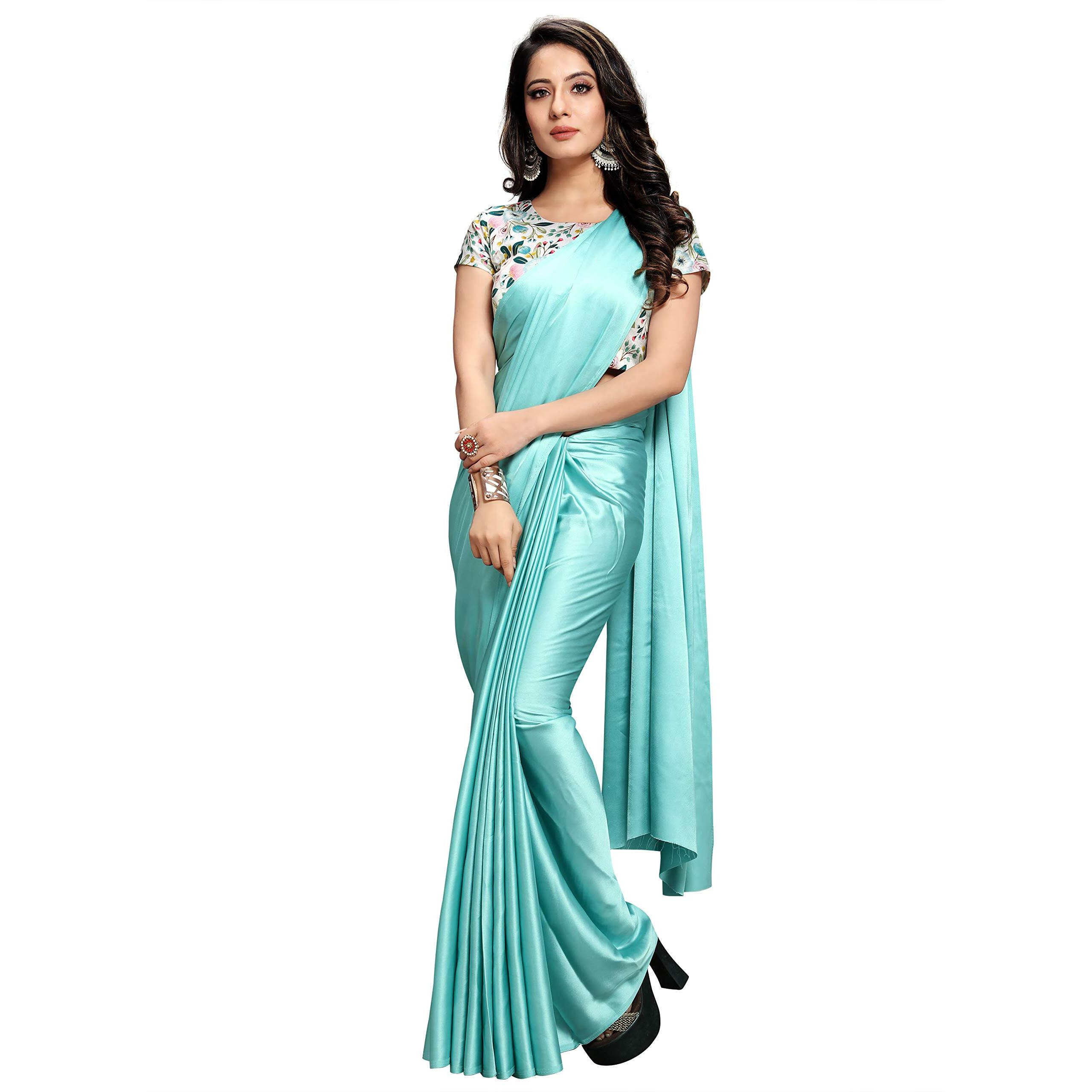 DHYANOM womens Soft Turquoise Satin Silk Plain Saree with Art Silk Digital Printed Unstiched Designer Blouse