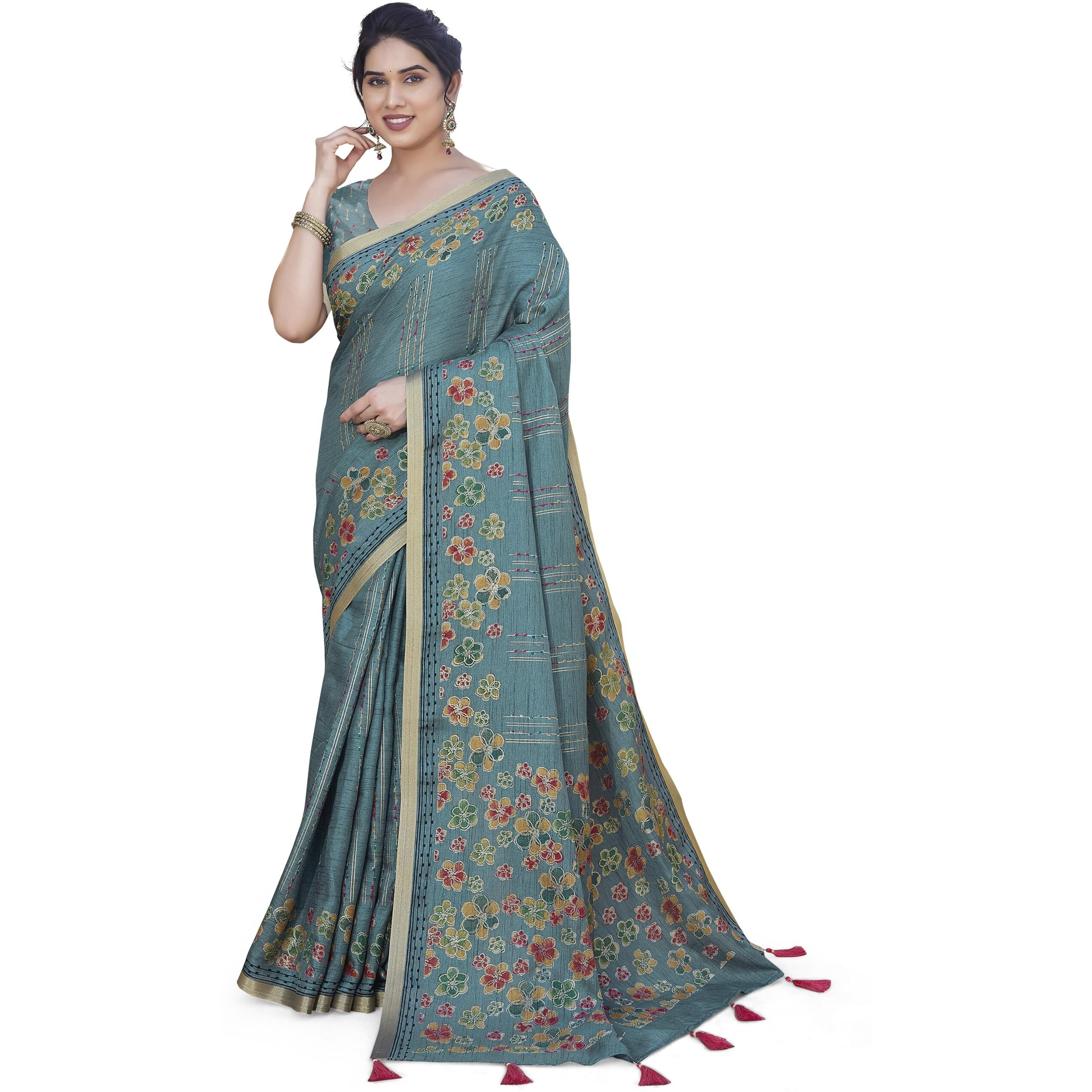 MIRCHI FASHION Womens Cotton Blend Floral Stripes Printed Saree with Blouse Piece (41603-Teal, Mustard, Red)