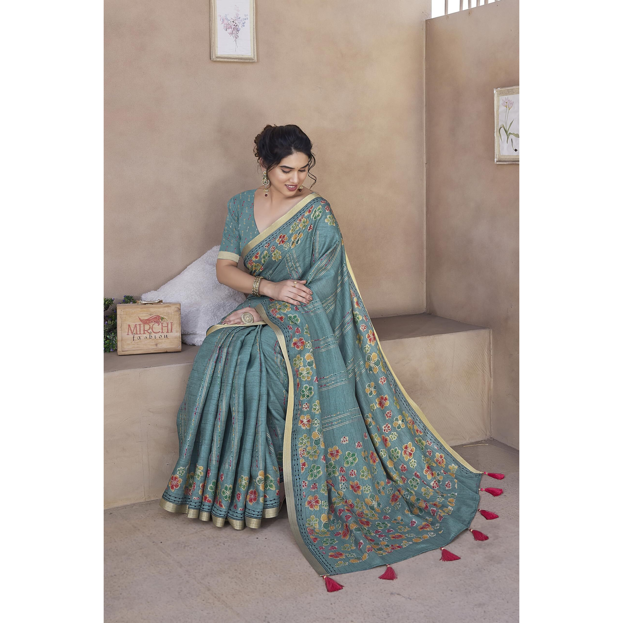 MIRCHI FASHION Womens Cotton Blend Floral Stripes Printed Saree with Blouse Piece (41603-Teal, Mustard, Red)