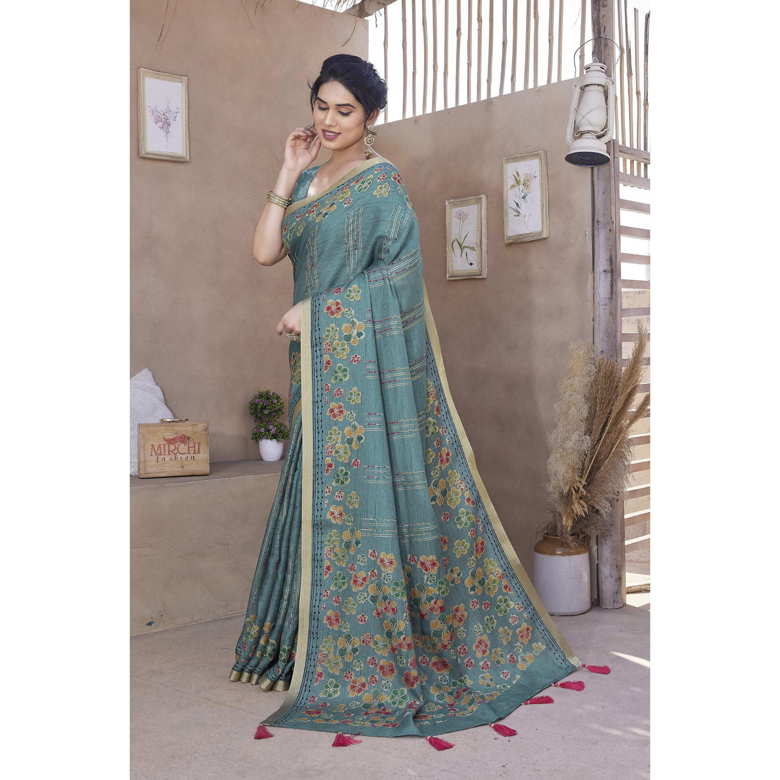 MIRCHI FASHION Womens Cotton Blend Floral Stripes Printed Saree with Blouse Piece (41603-Teal, Mustard, Red)